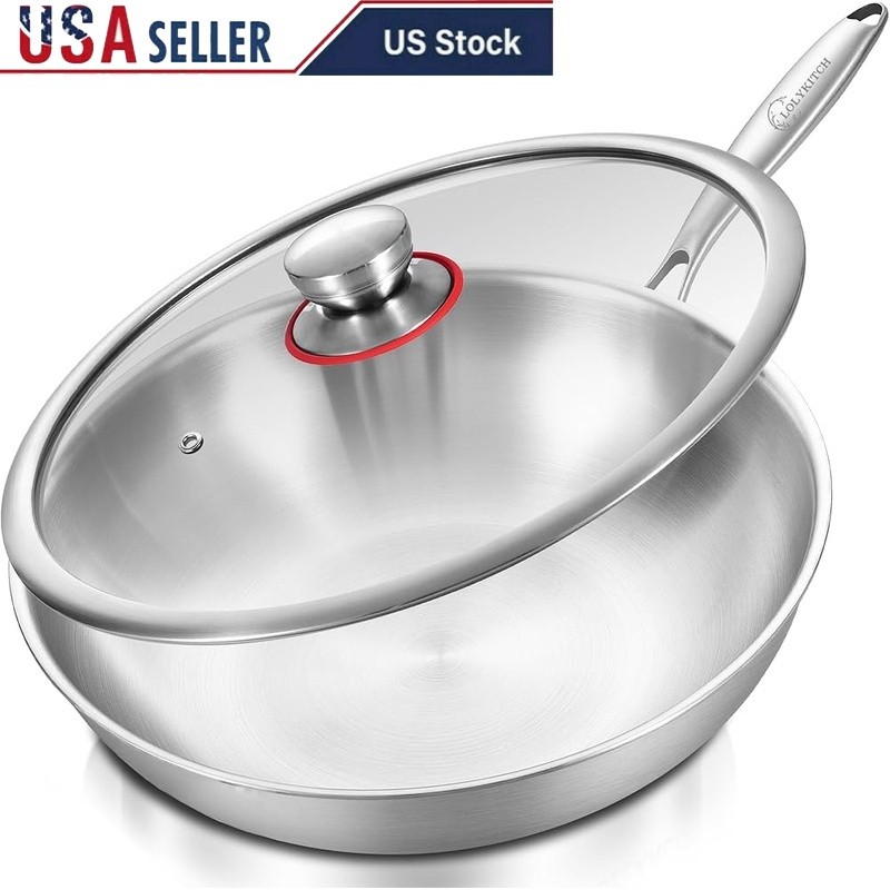 Tri-Ply Stainless Steel Wok Pan Detachable Handle Induction Electric Gas Safe