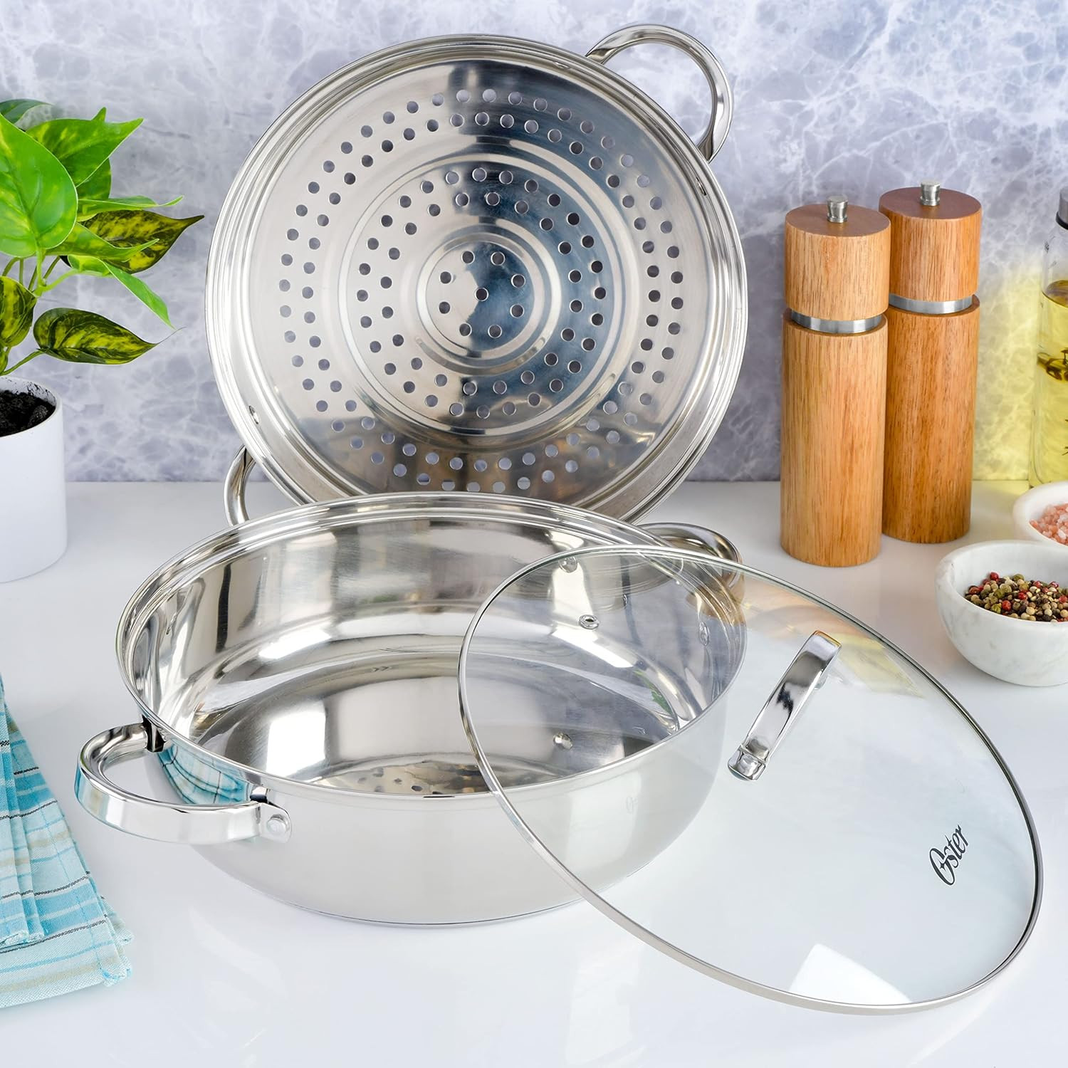 Sartén de acero inoxidable Sangerfield 11″, con vaporera y tapa