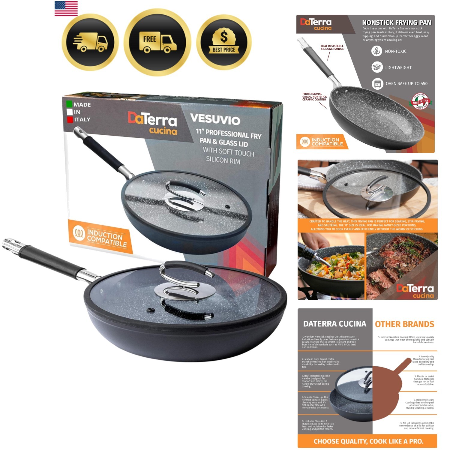 Ceramic Frying Pan with Lid Nonstick Oven Safe Induction Cookware 11 in