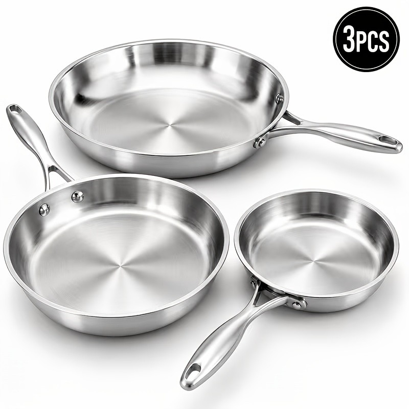 1/3pcs Triply Stainless Steel Frying Pan Set, 304 Flat Bottom Skillet