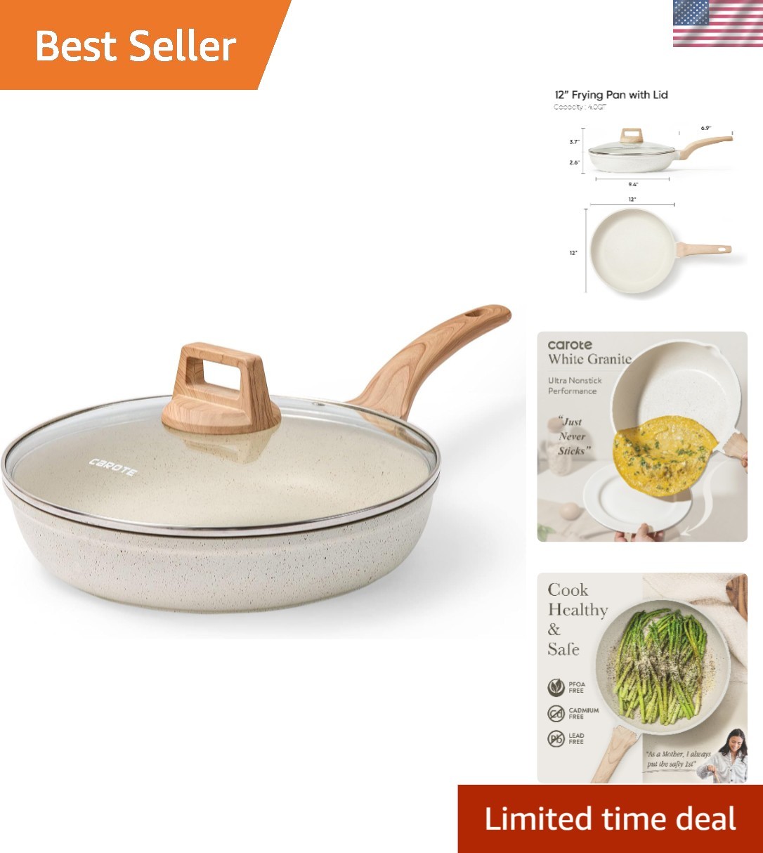 12-Inch White Granite Nonstick Frying Pan with Lid – Safe Cooking Experience