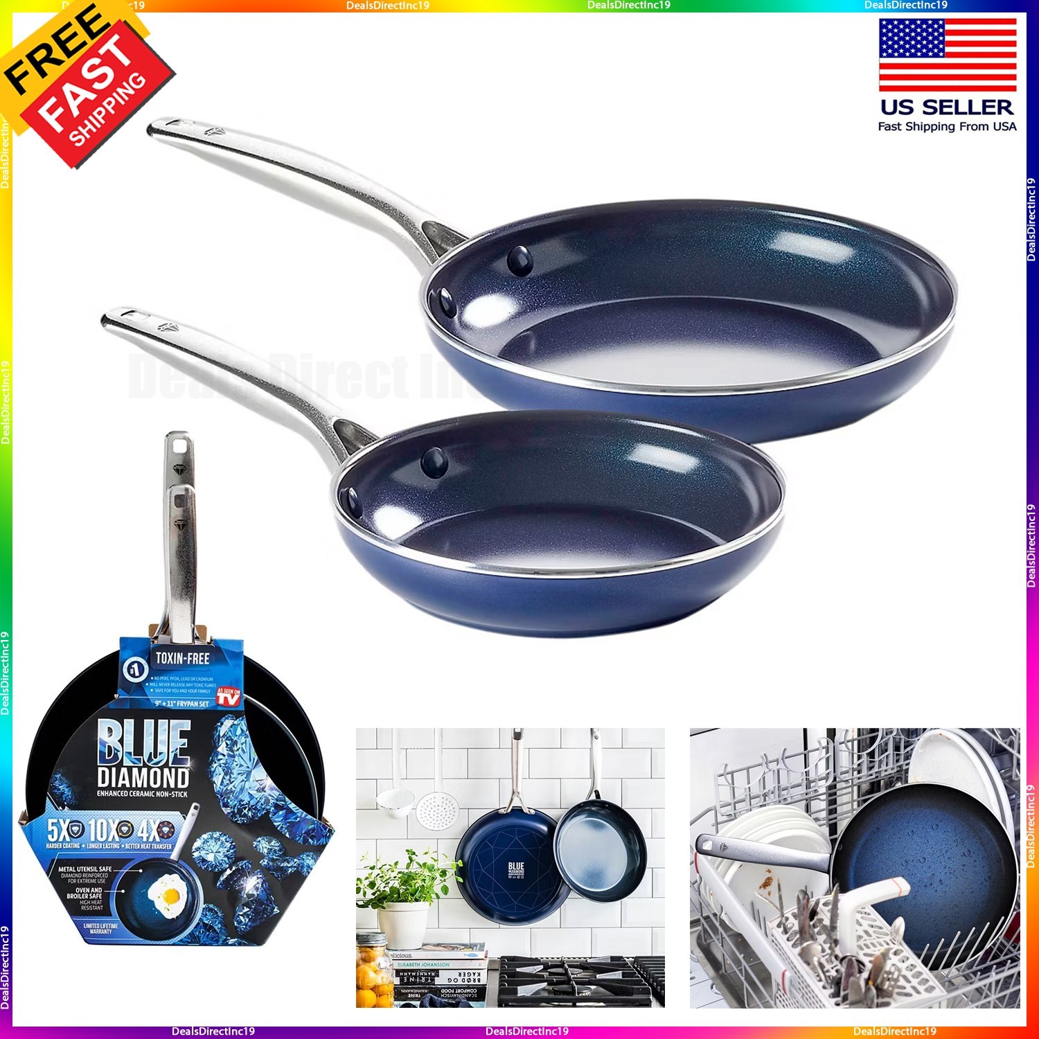 Blue Diamond nonstick frying pan set cookware Enh. ceramic skillet 9.5” & 11”