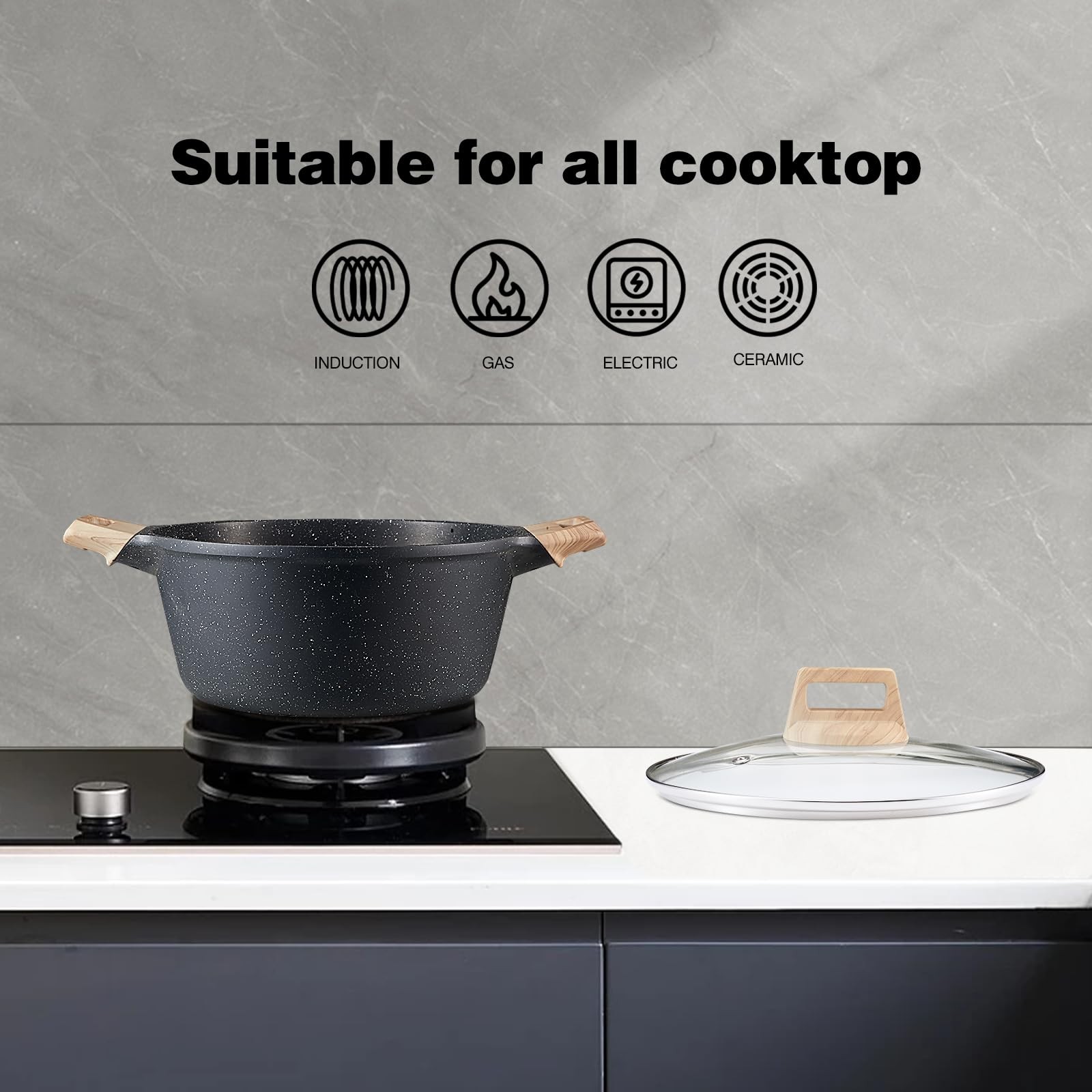 Gray Granite 4L 4.23Qt Quick Induction Nonstick Casserole Stock Pot Lid