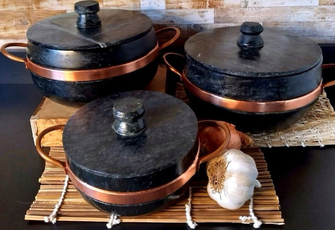 Natural Stone Cookware Set – 3 Pots (3L, 2L & 1.5L) – Rustic Kitchen Collection