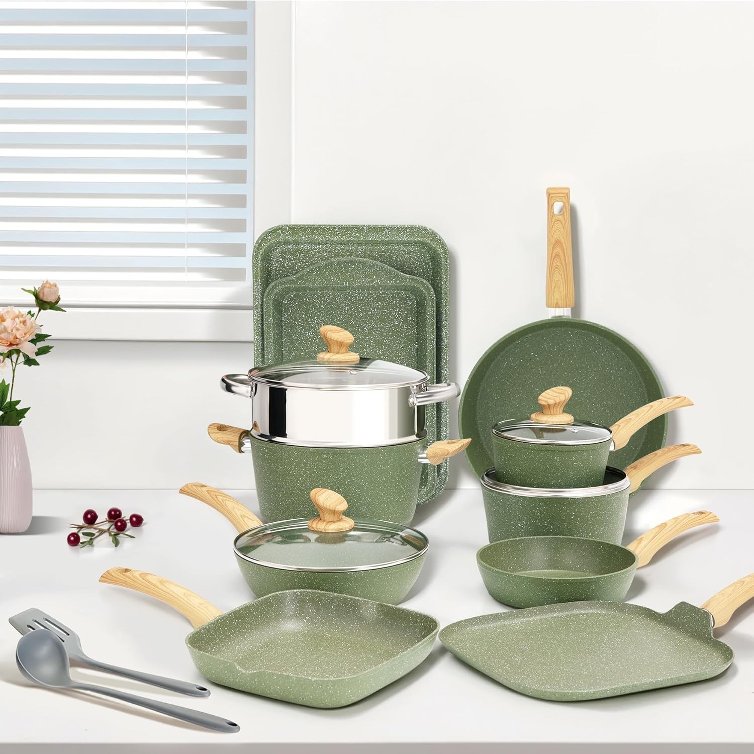 17 Piece Pots and Pans Set Non Stick, Nonstick Induction Granite Kitchen Cookwar