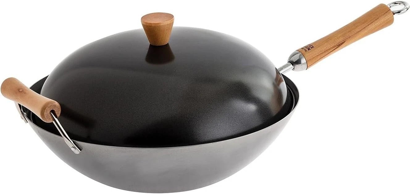 Classic Series 14-Inch Uncoated Carbon Steel Wok Set with Lid and Birch Handl…