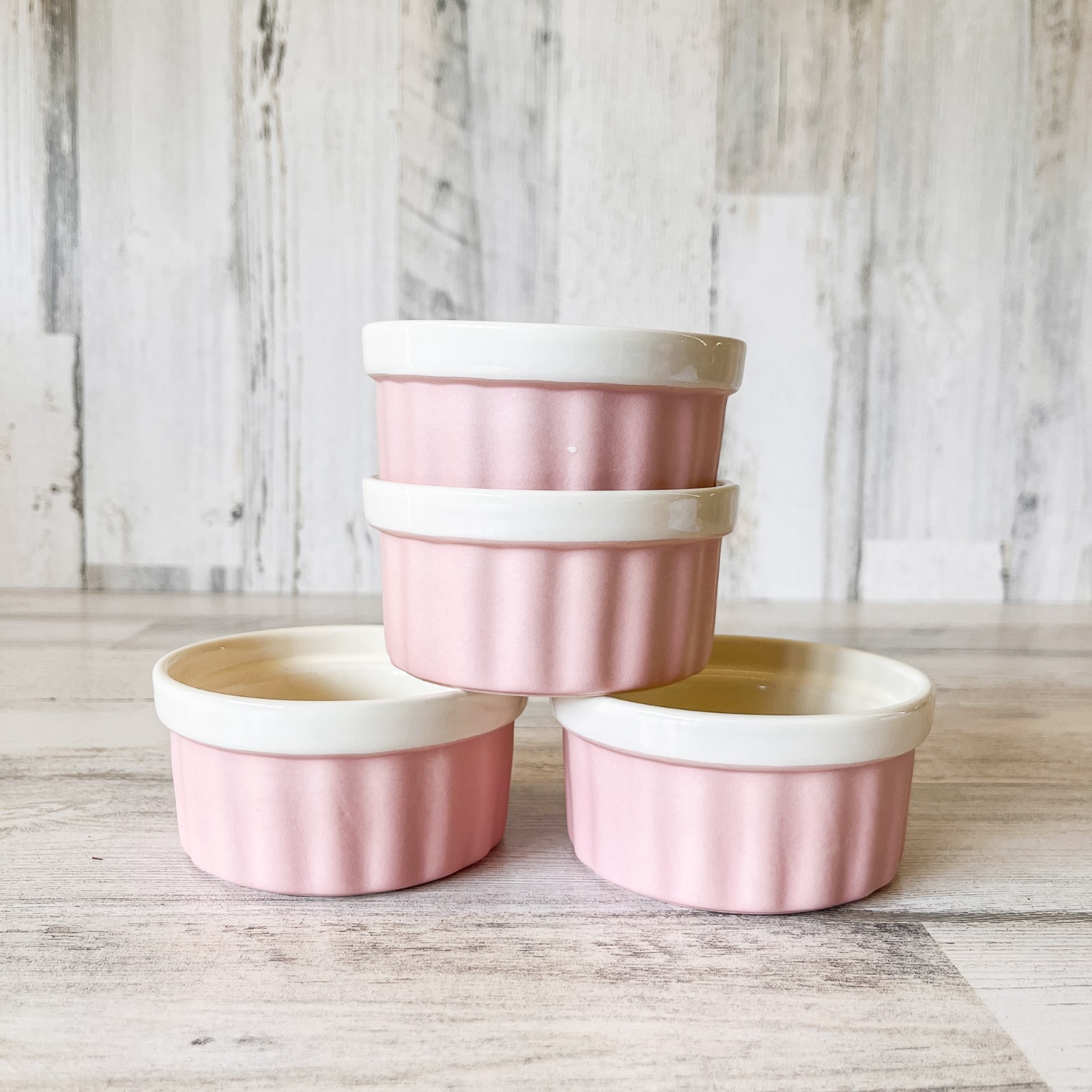 Natural Elements Stoneware 4 Pink Ramekin Bowls Oven/Microwave/Torch Safe
