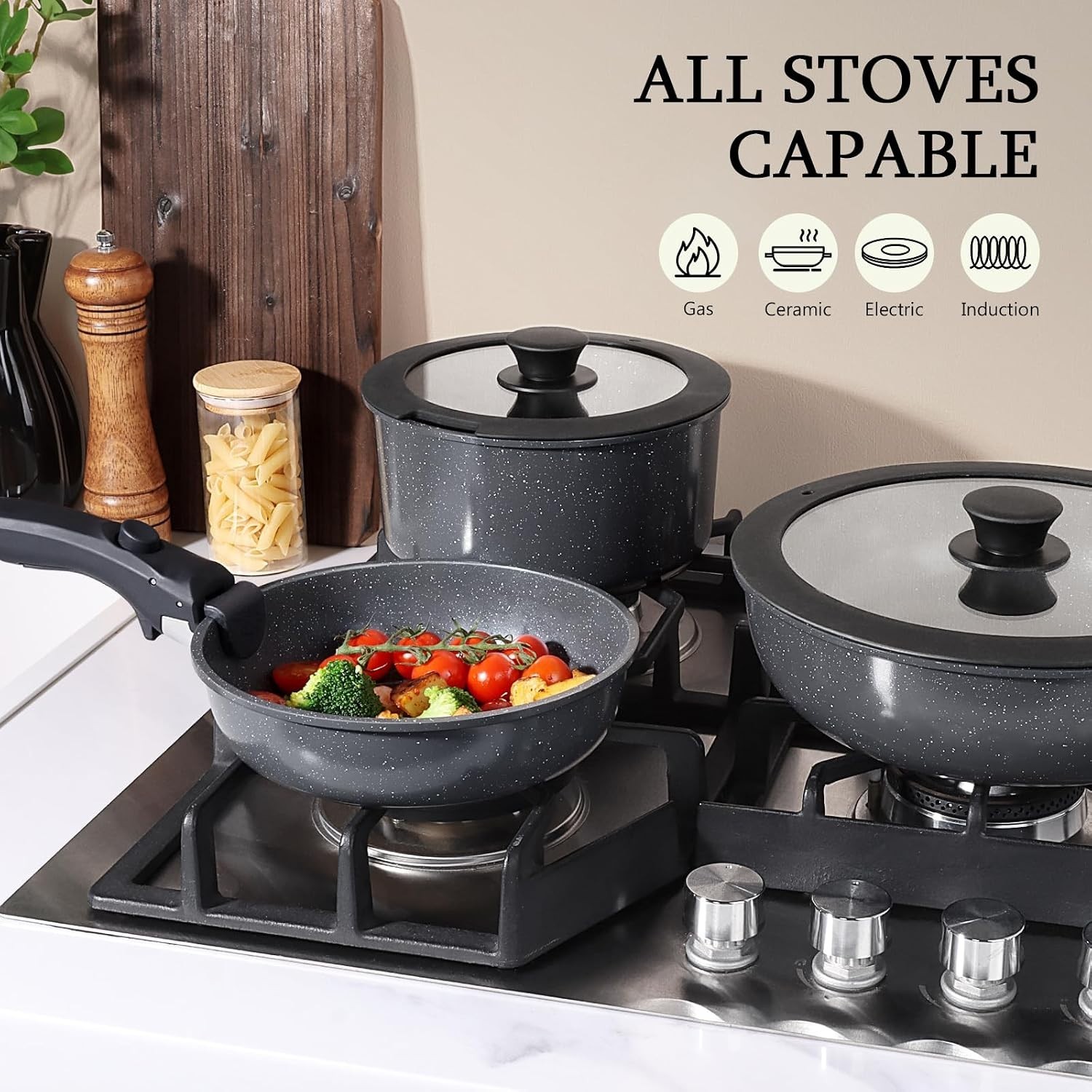Non Toxic Ceramic Cookware Set 11 Pieces Induction Safe Dark Gray Pots and Pans