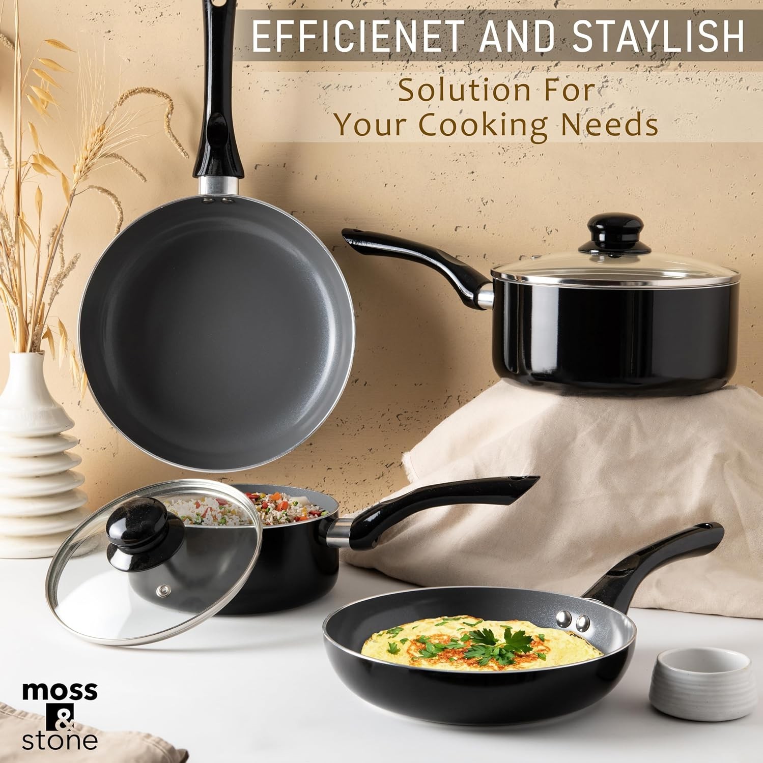 6 Pcs Black Nonstick Cookware Set, Pots And Pans Set Non stick With Glass Lid…