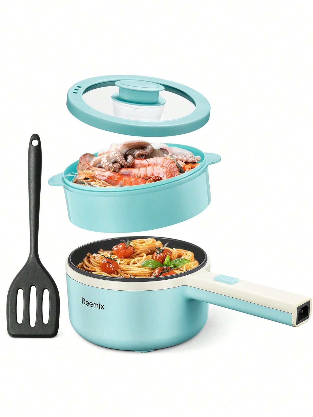 Reemix 1.6L Electric Hot Pot With Steamer Non-Stick Ramen Cooker Beige