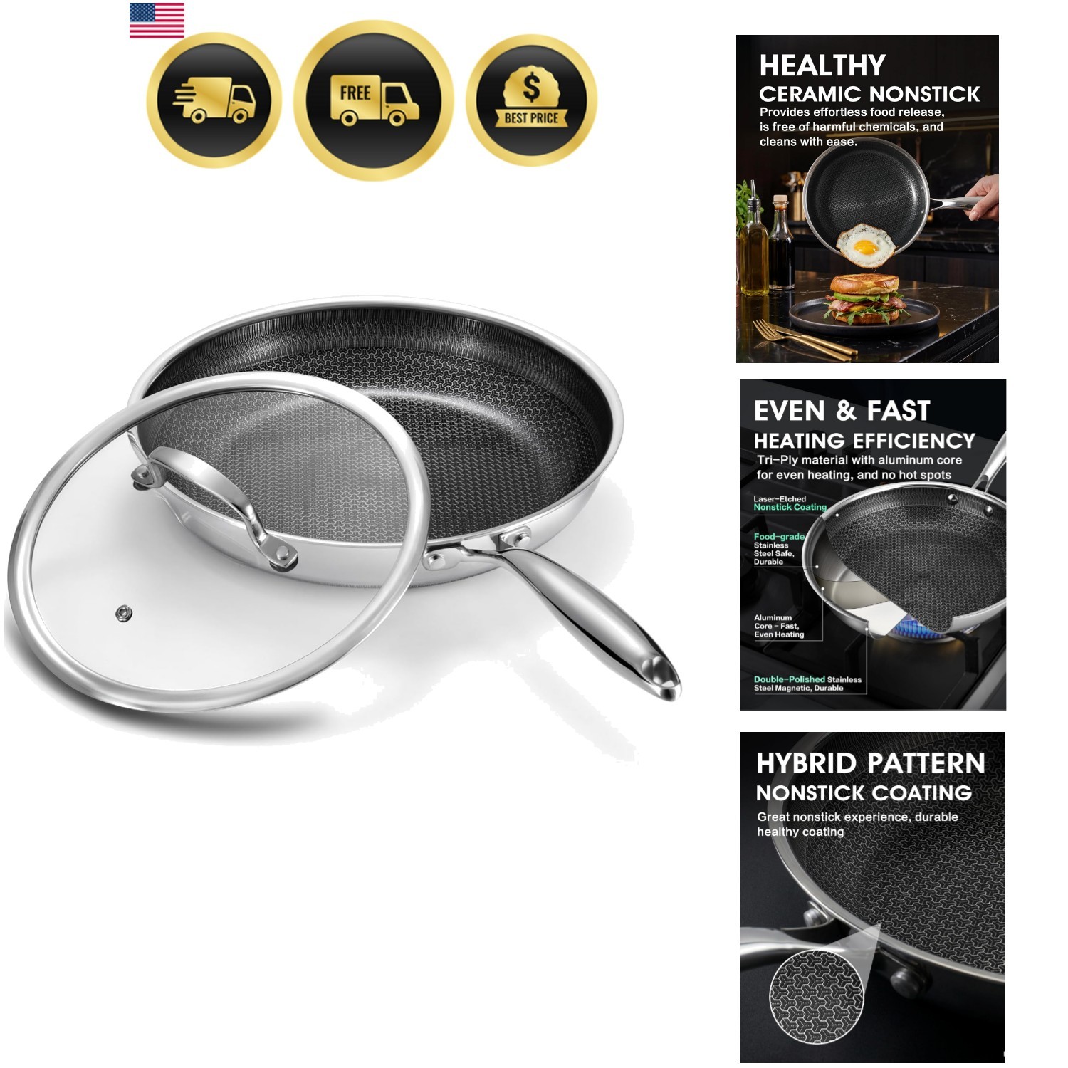 Non Stick 8 Inch Frying Pan with Lid, Hybrid Nonstick Stainless Steel Skillet…