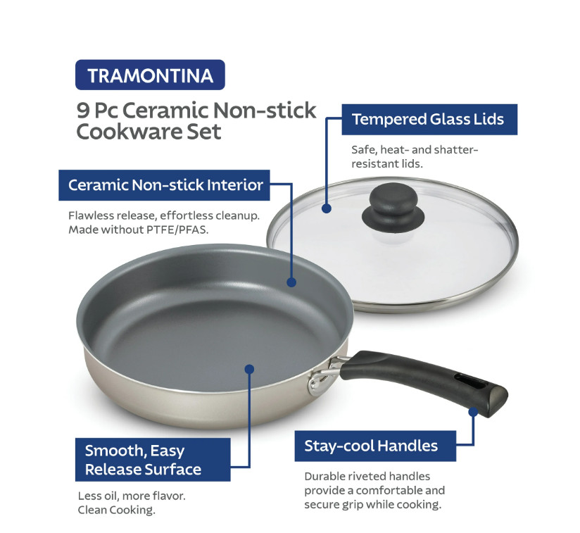 Champagne Ceramic Cookware Set 9 Piece Nonstick Pots and Pans Set Durable
