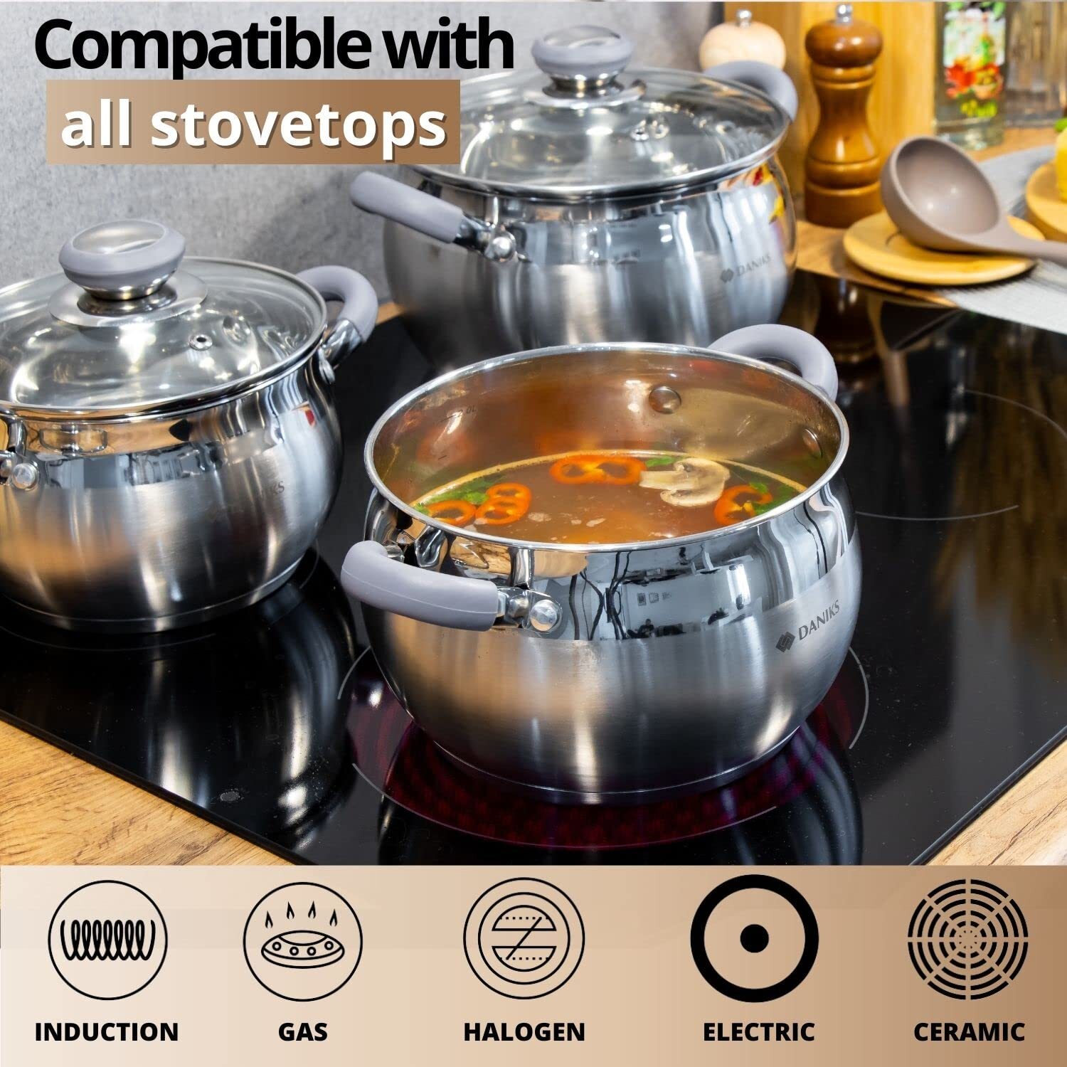 Modern Stainless Steel Stock Pot With Glass Lid “ Induction 2 Quart Dishwasher S