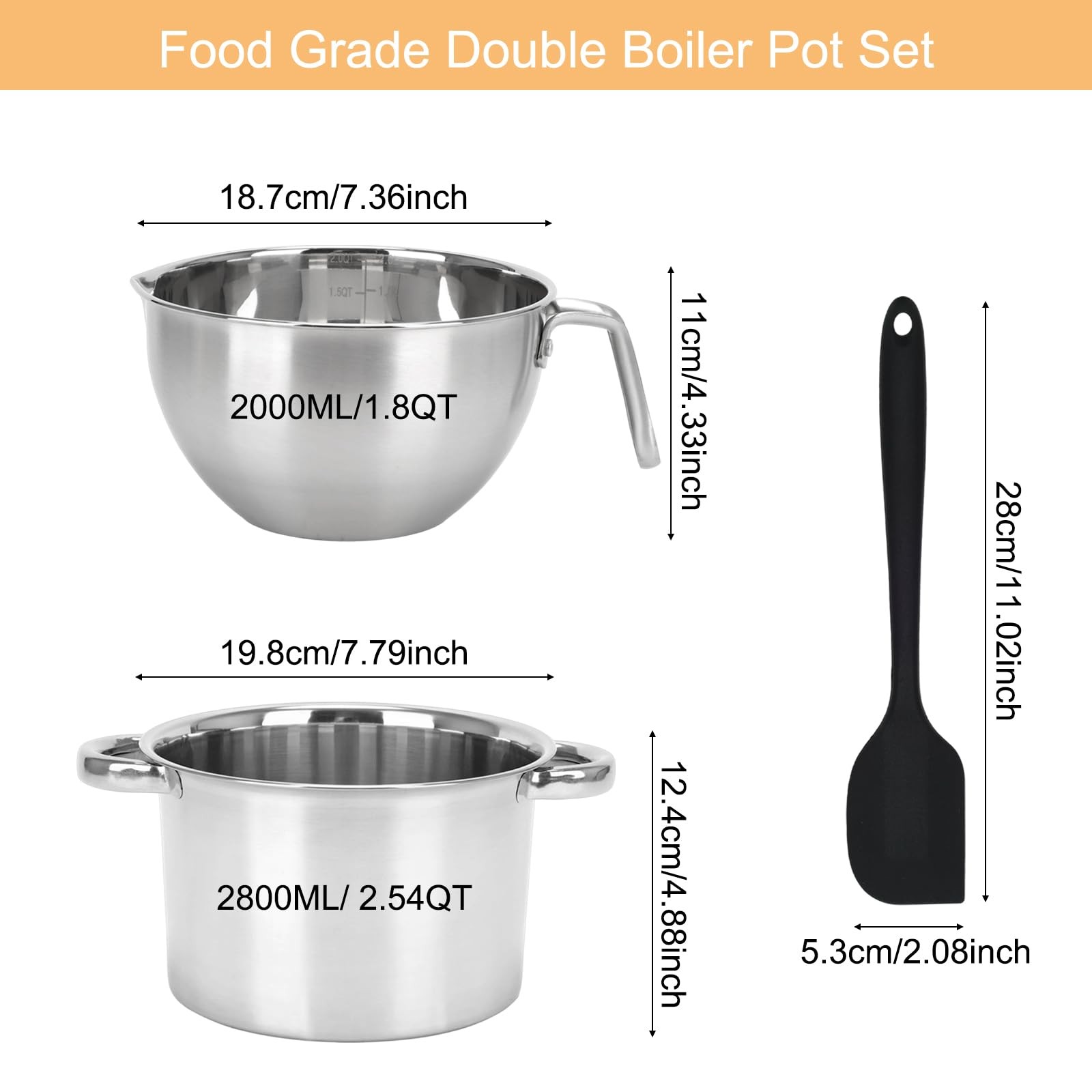 3PCS Double Boiler Pot Set, 2000ML/1.8QT Mixing Bowl with Scale 2800ML/ 2.54Q…