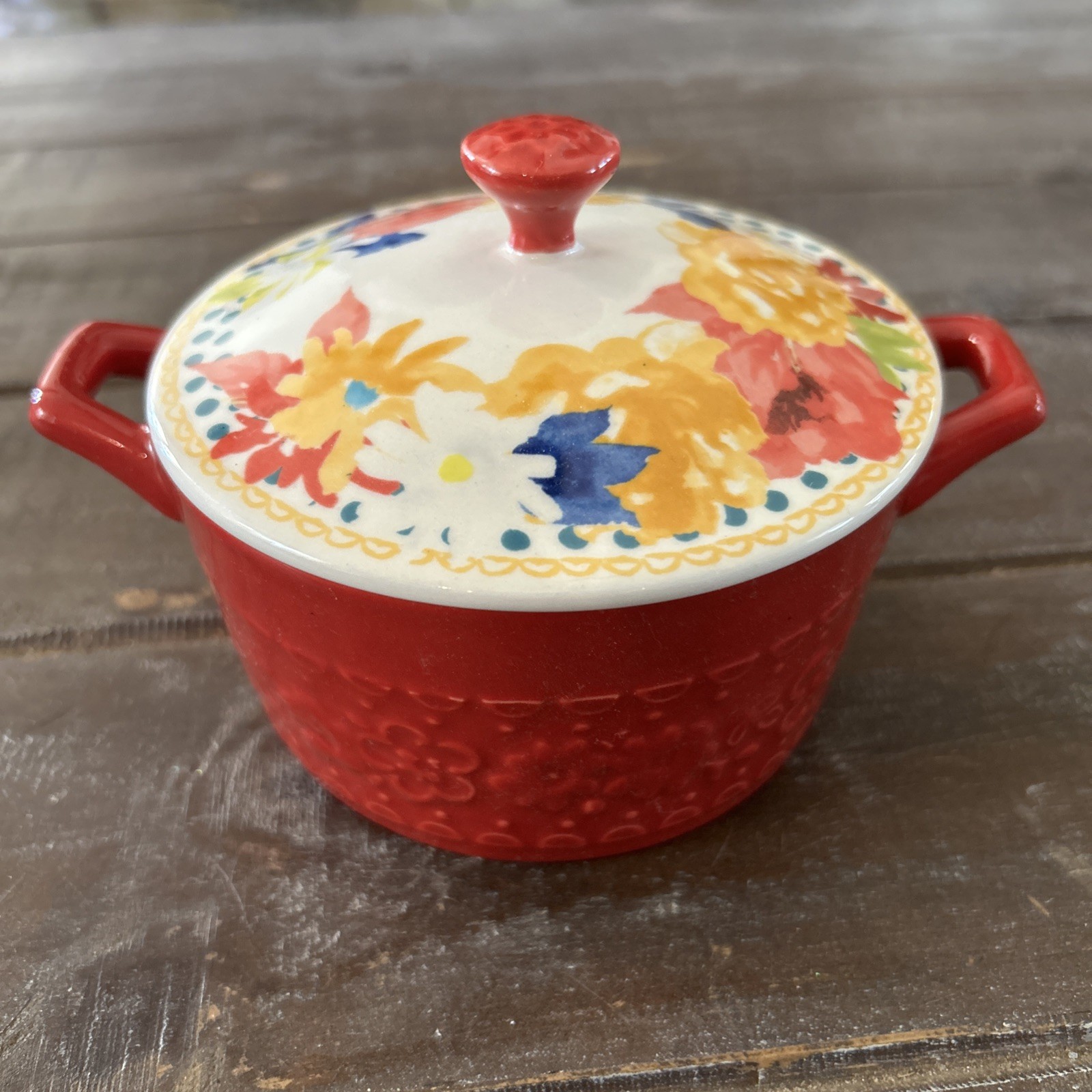Pioneer Woman Fiona Floral Red 14.4 oz Mini Casserole Stoneware 4 in Tall