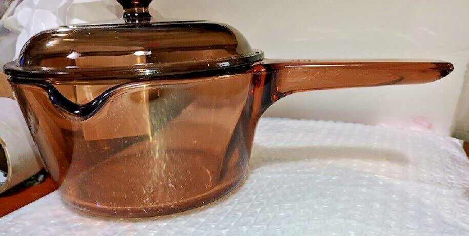 CORNING VISION Amber Glass 1 L Saucepan w Pour Spout & PYREX Lid, Made in FRANCE