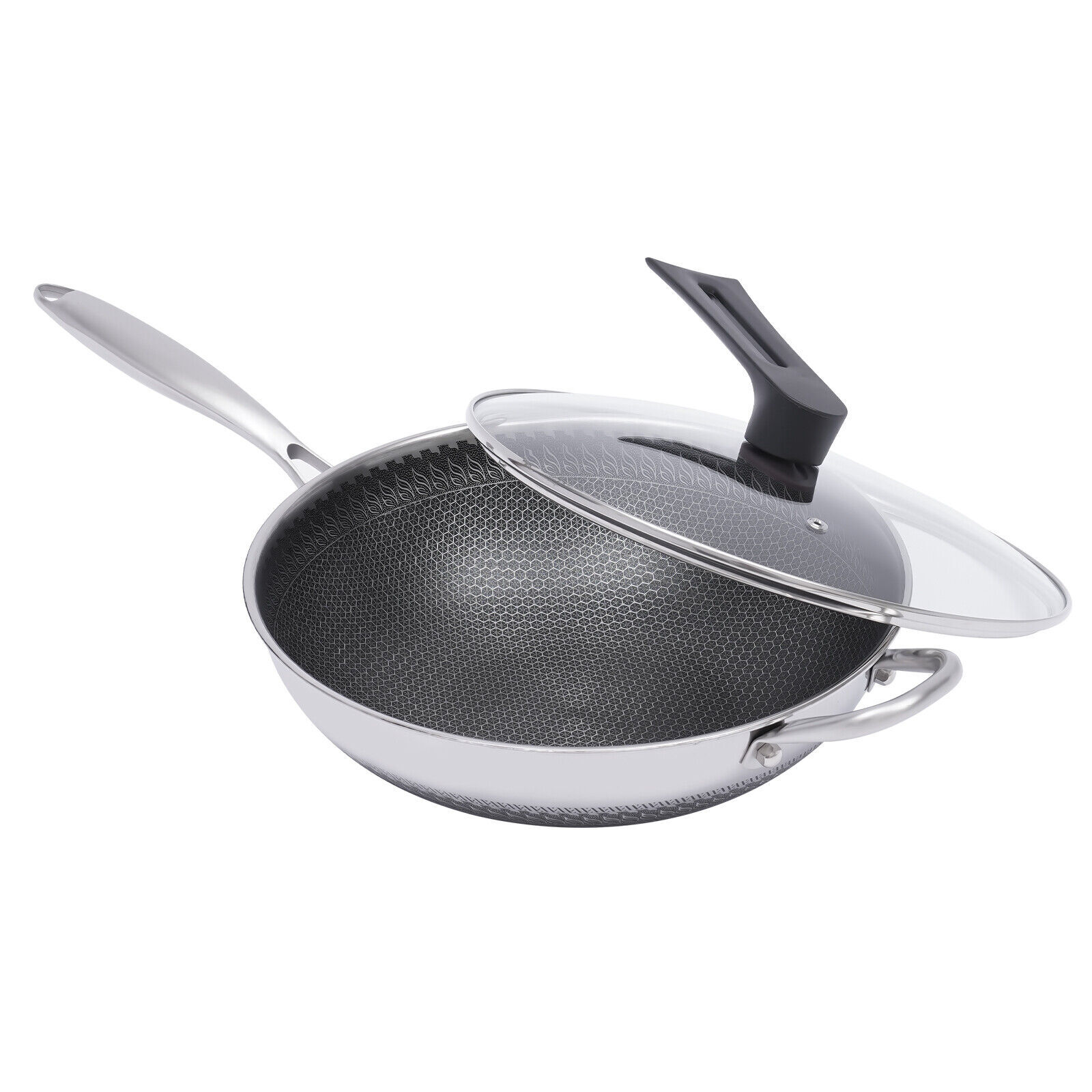 Non Stick Double Sided Honeycomb Cooking Frying Wok Pan with Lid Stainless Steel