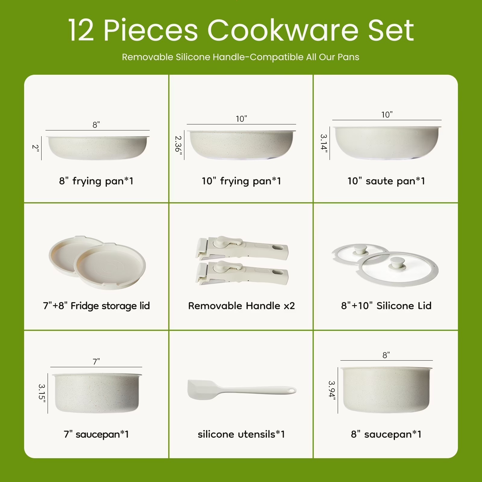 Gianna 12 Pcs Non-Stick Cookware Set, Pots and Pans Set, with Spatula & Detachab