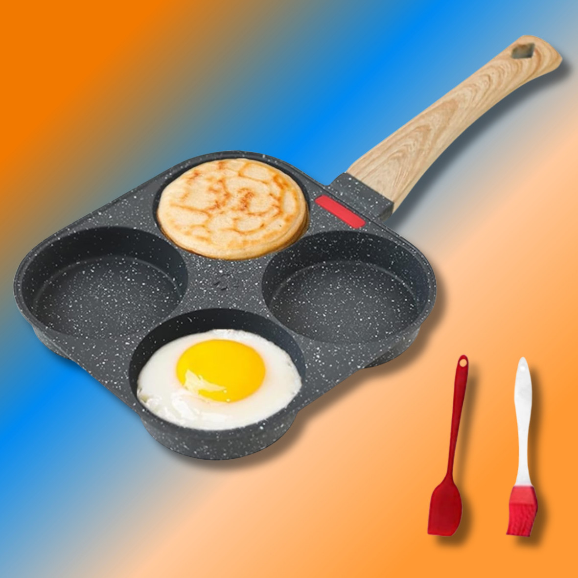 4 Hole Cup Egg Hamburger Pancake Maker Non-Stick Frying Pan with Wooden Handle
