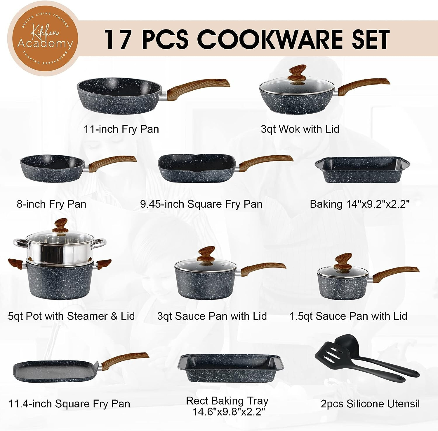 17 Piece Cookware Set Nonstick Granite Coated Pots and Pans Set Bakeware Black