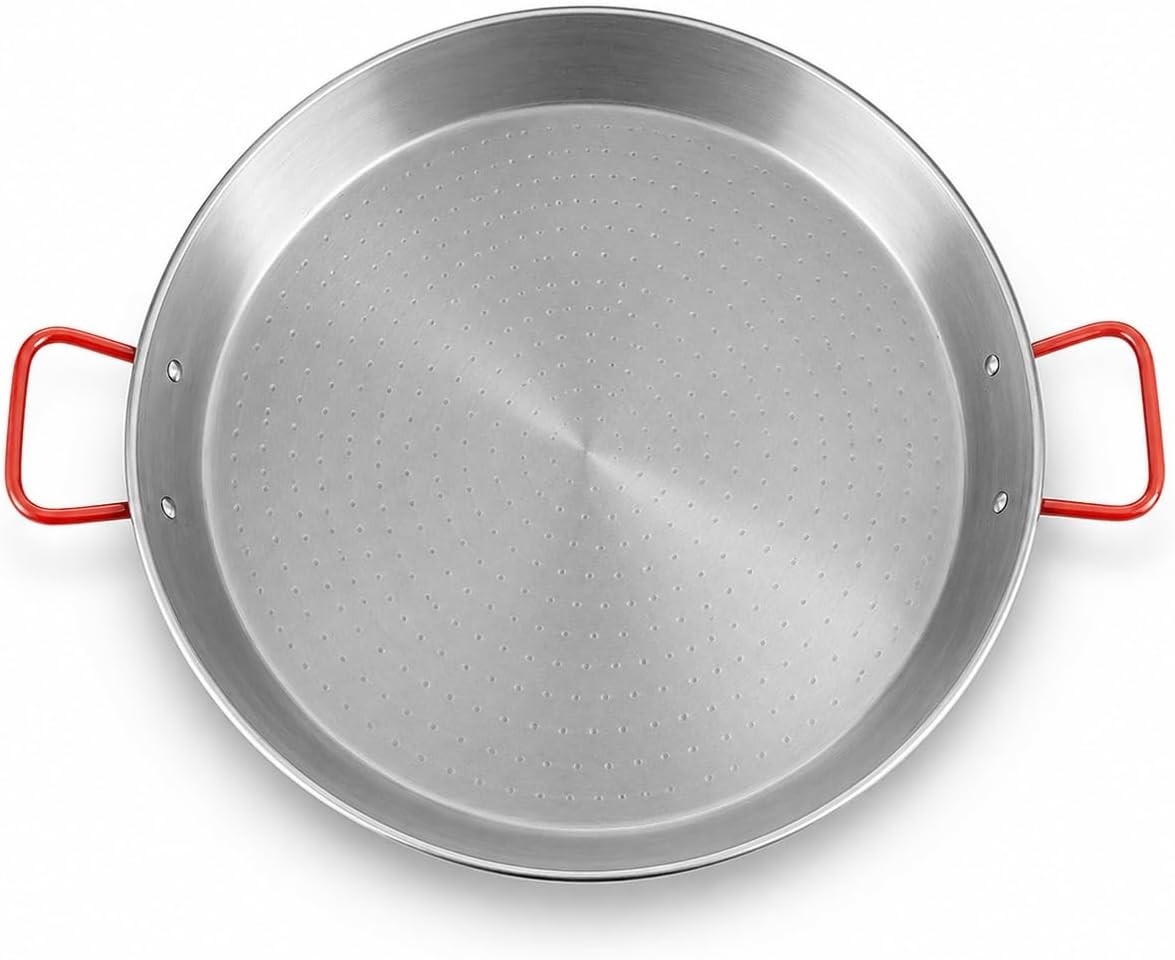 Carbon Steel Paella Pan Silver Round W/ Dual Red Handles Uncoated Dimpled