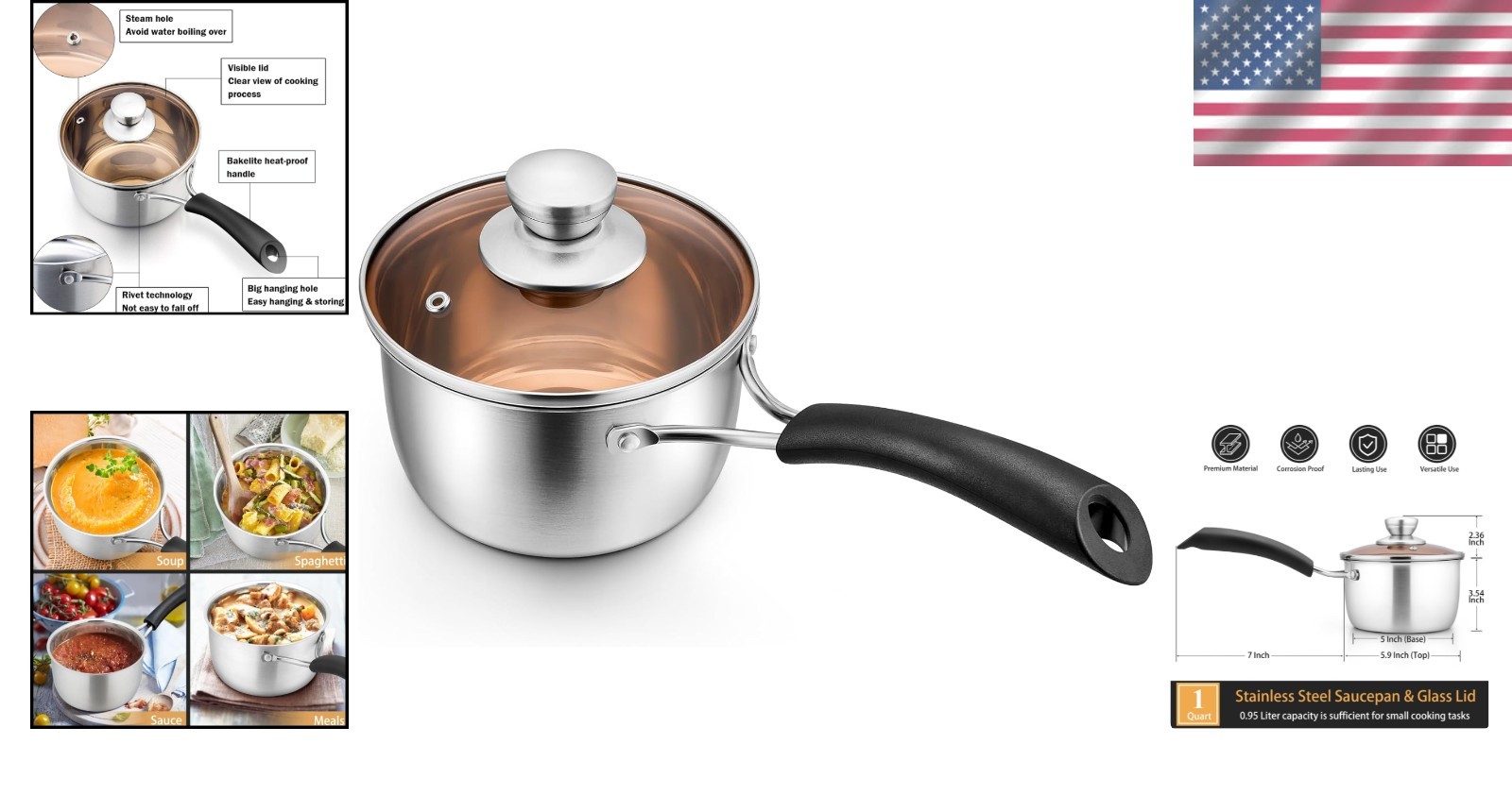Healthy Cooking 1 Quart Stainless Steel Saucepan, Dishwasher Safe & Durable