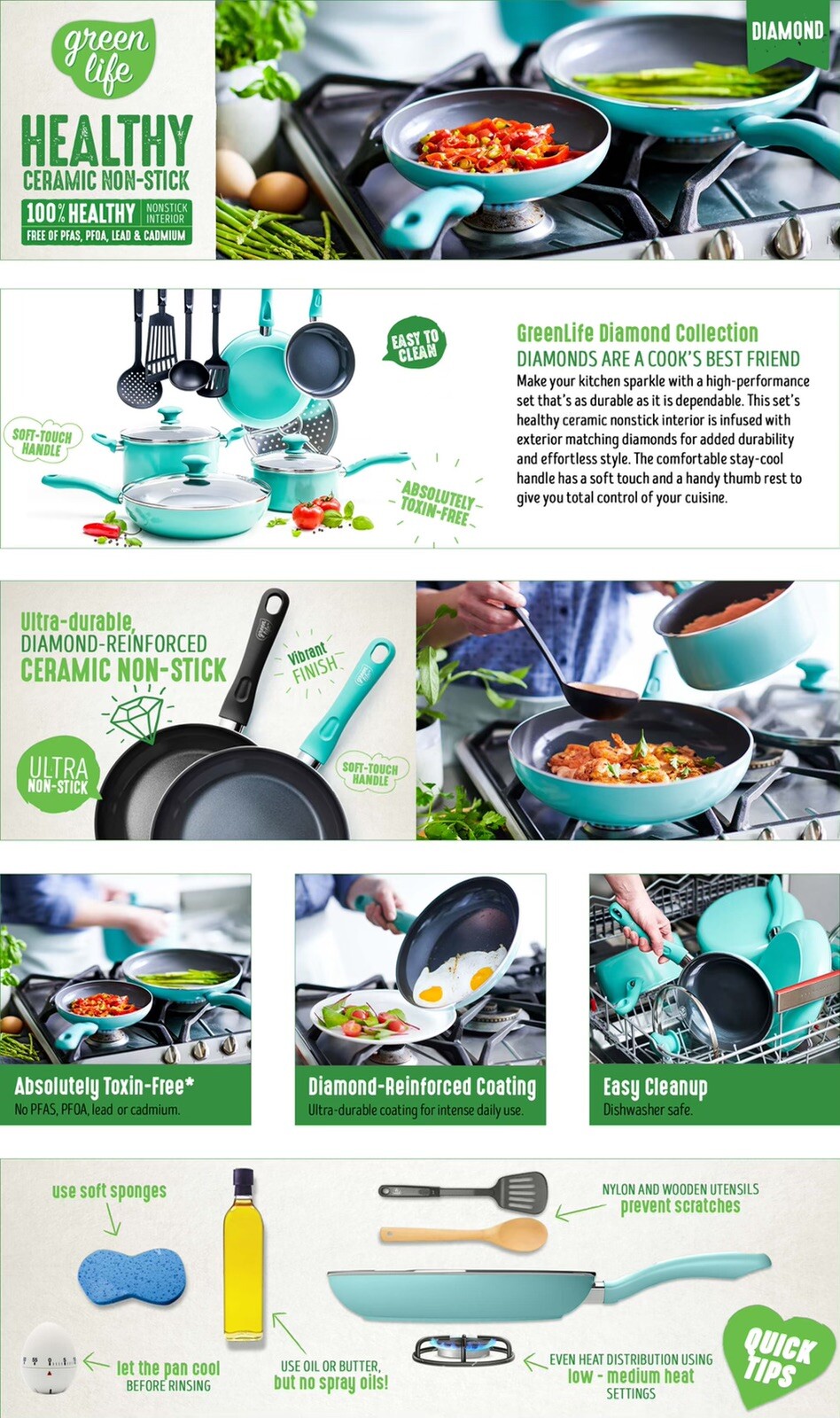 Greenlife Diamond Ceramic Non-stick 13Pc Cookware Set, Turquoise