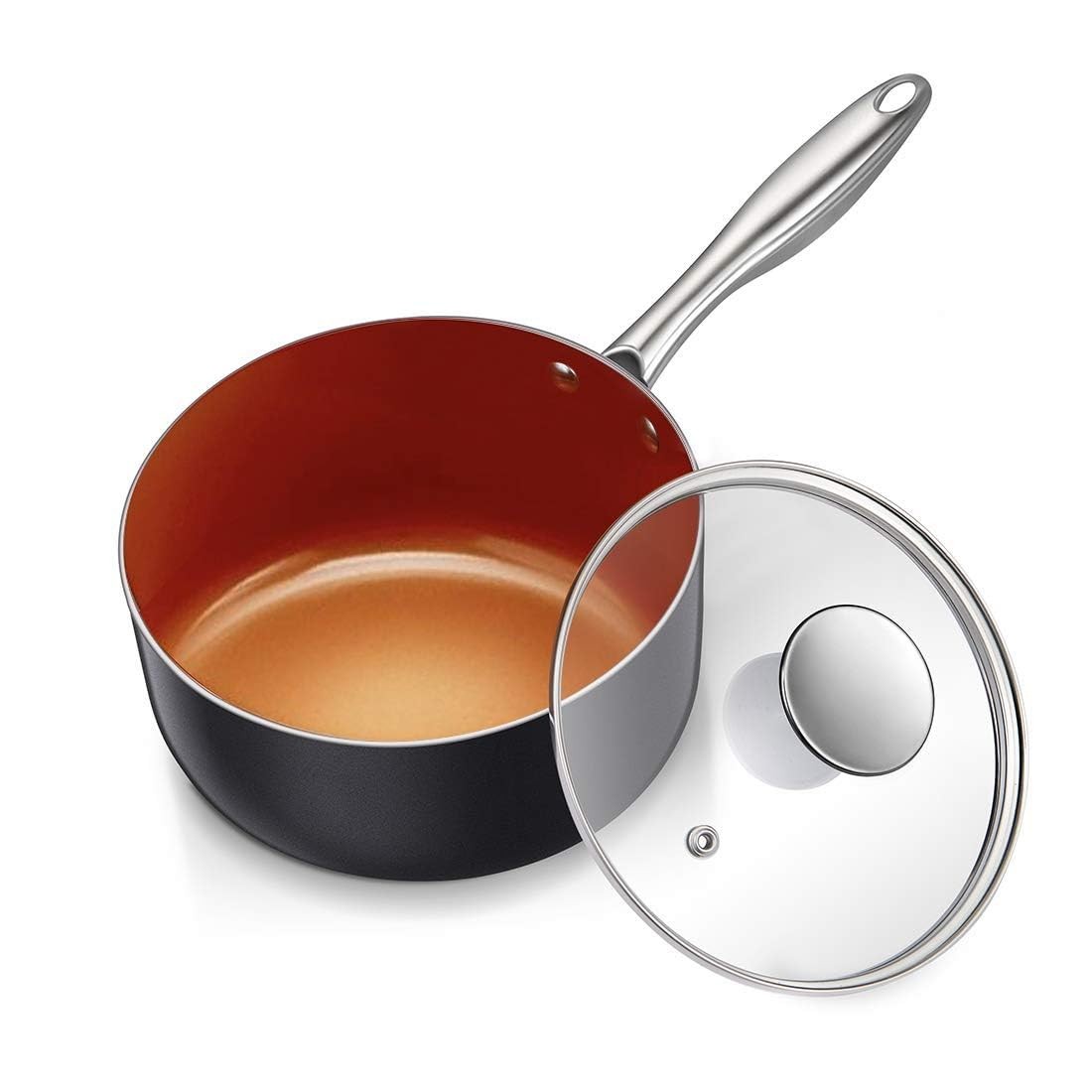 Nonstick 2 Quart Sauce Pan with Lid, Ultra-Nonstick Copper Sauce Pot 2 Qt, Ceram