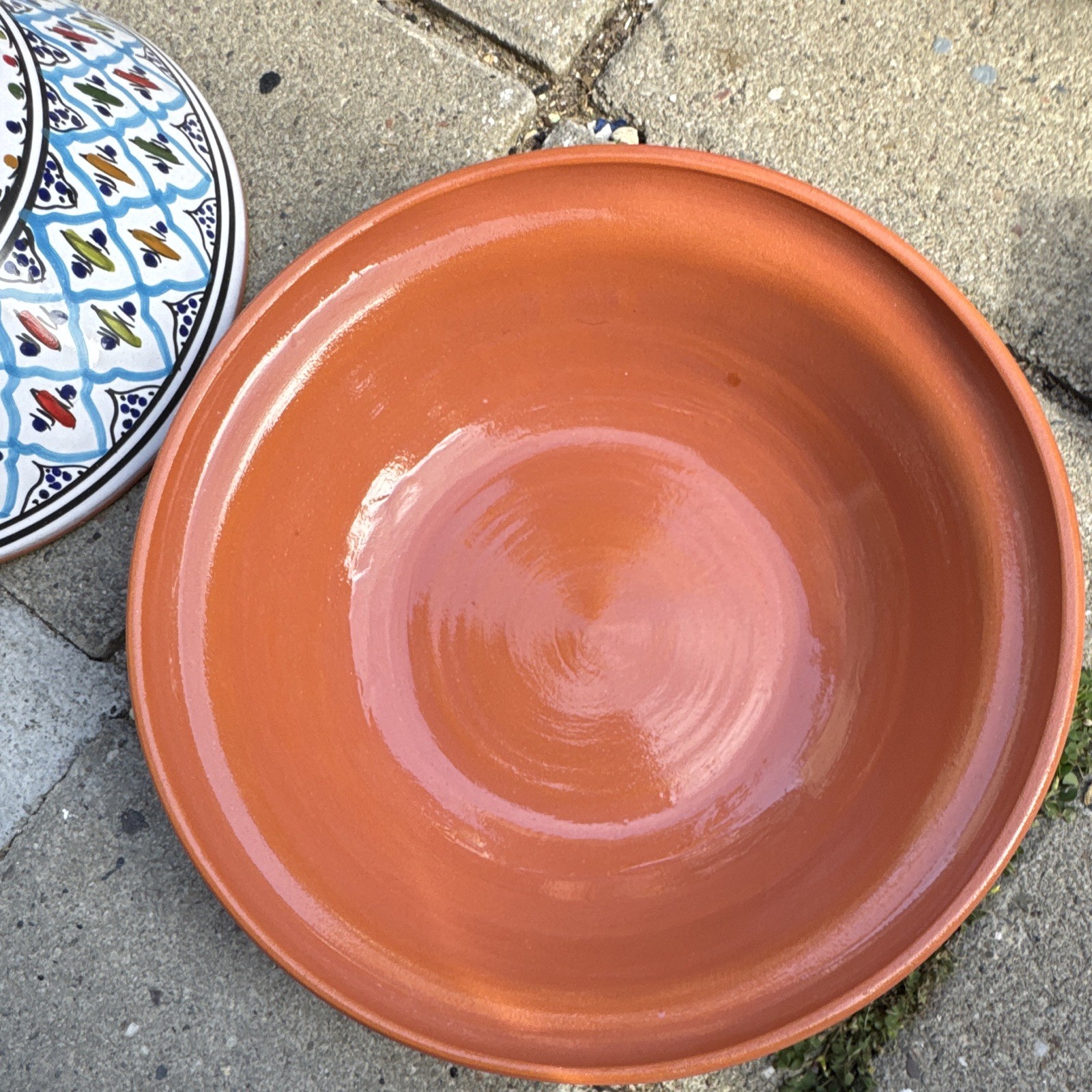 Terracotta Ceramic Tagine w/ Conical Lid Hand-Painted Blue White Multicolor