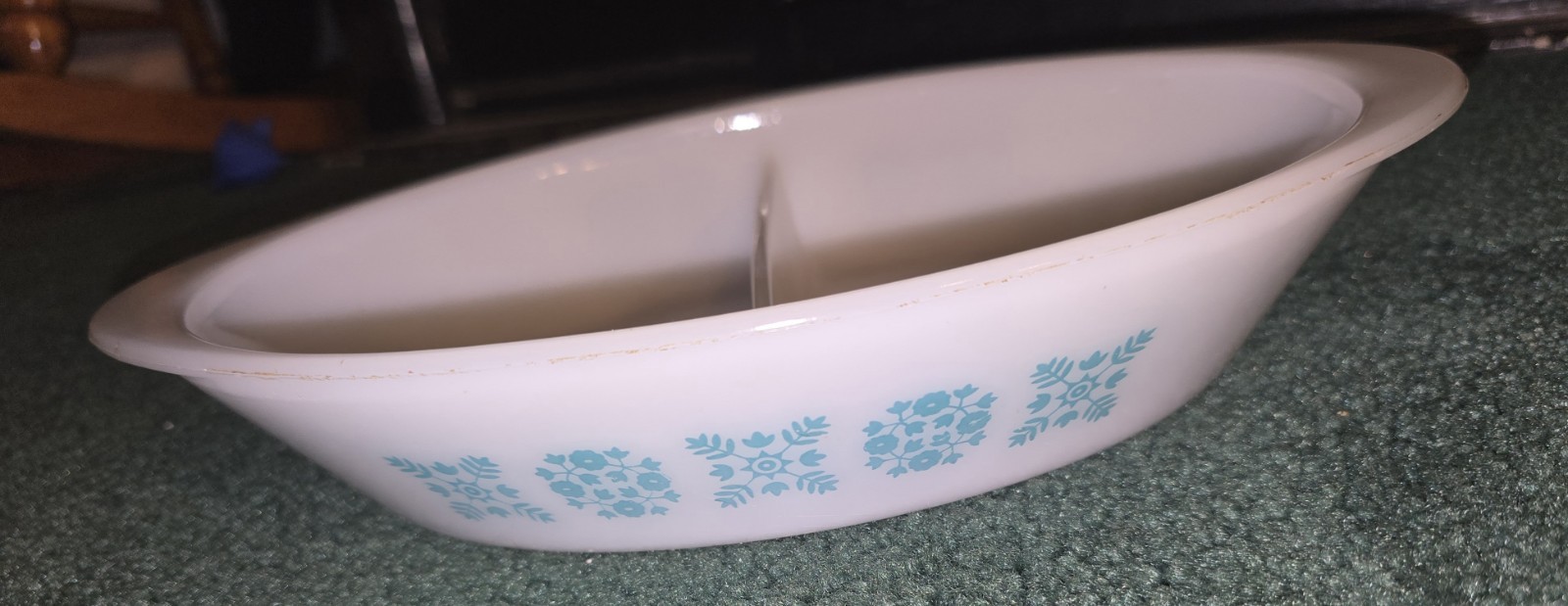 Vintage Glasbake Divided Casserole Dish J-2352 Milk Glass with Turquoise Pattern