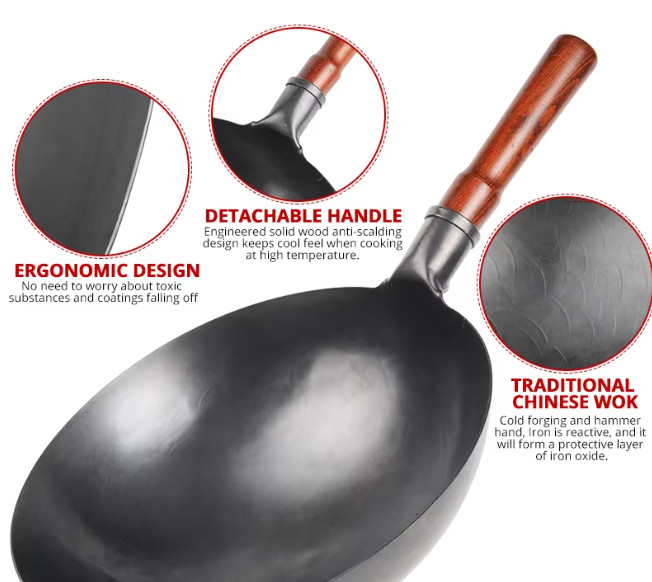 Hand Hammered Wok,traditional Iron Wok No Coating Wooden Handle