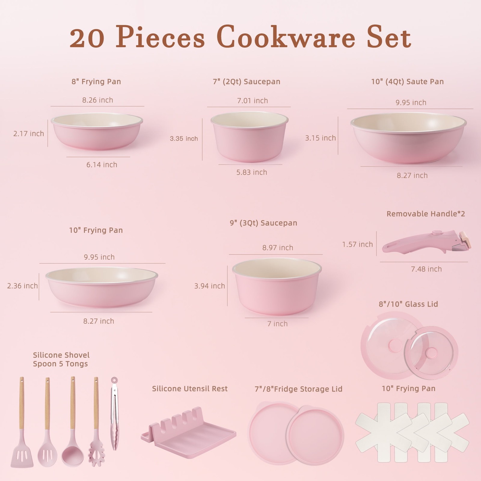 20-Piece Ceramic Pots and Pans Set Nonstick Cookware Set with Detachable Handles