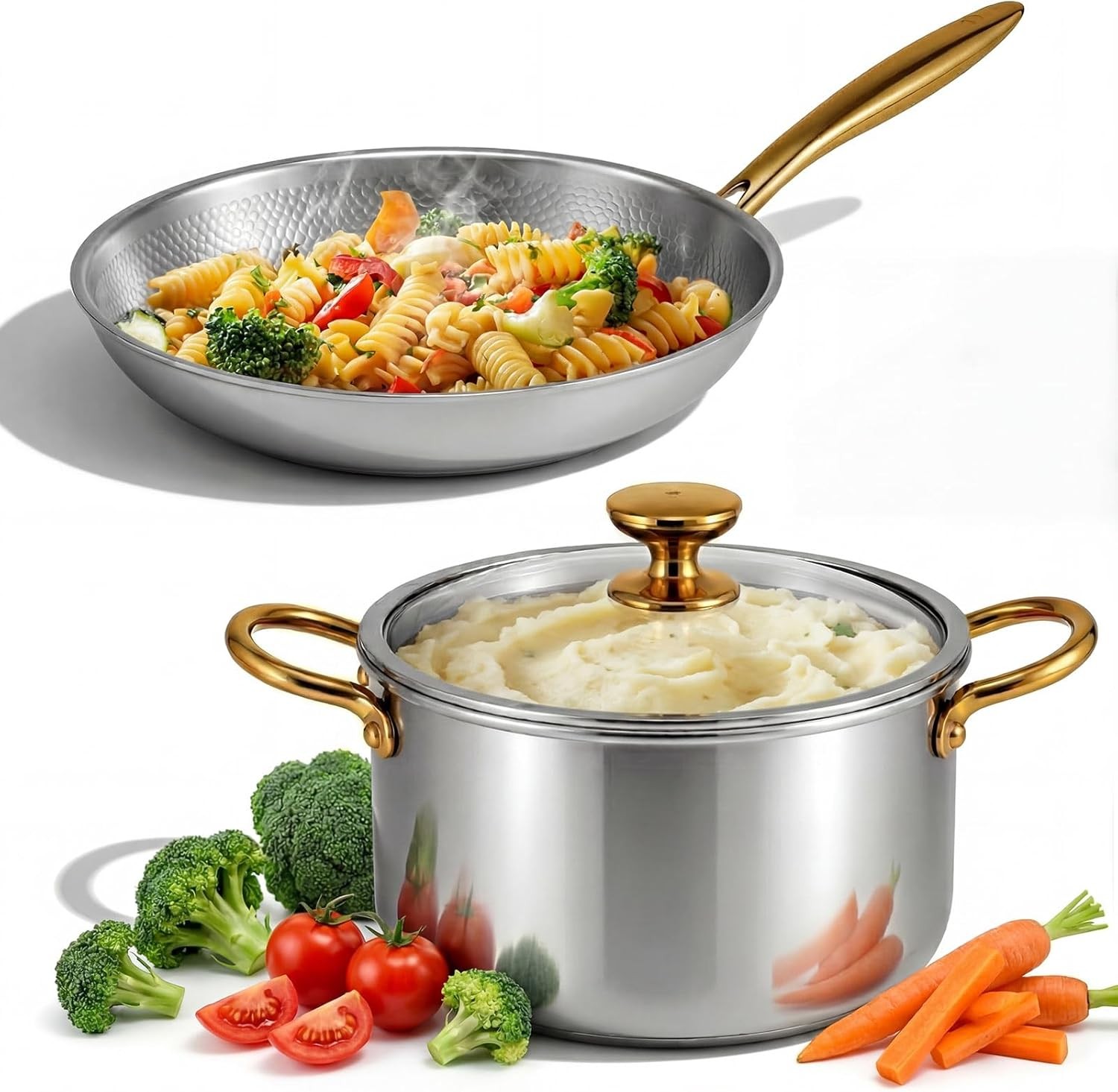 Titanium Cookware Set 11” and 9.45” Pots and Pans with Lids Safe for Oven Pcs
