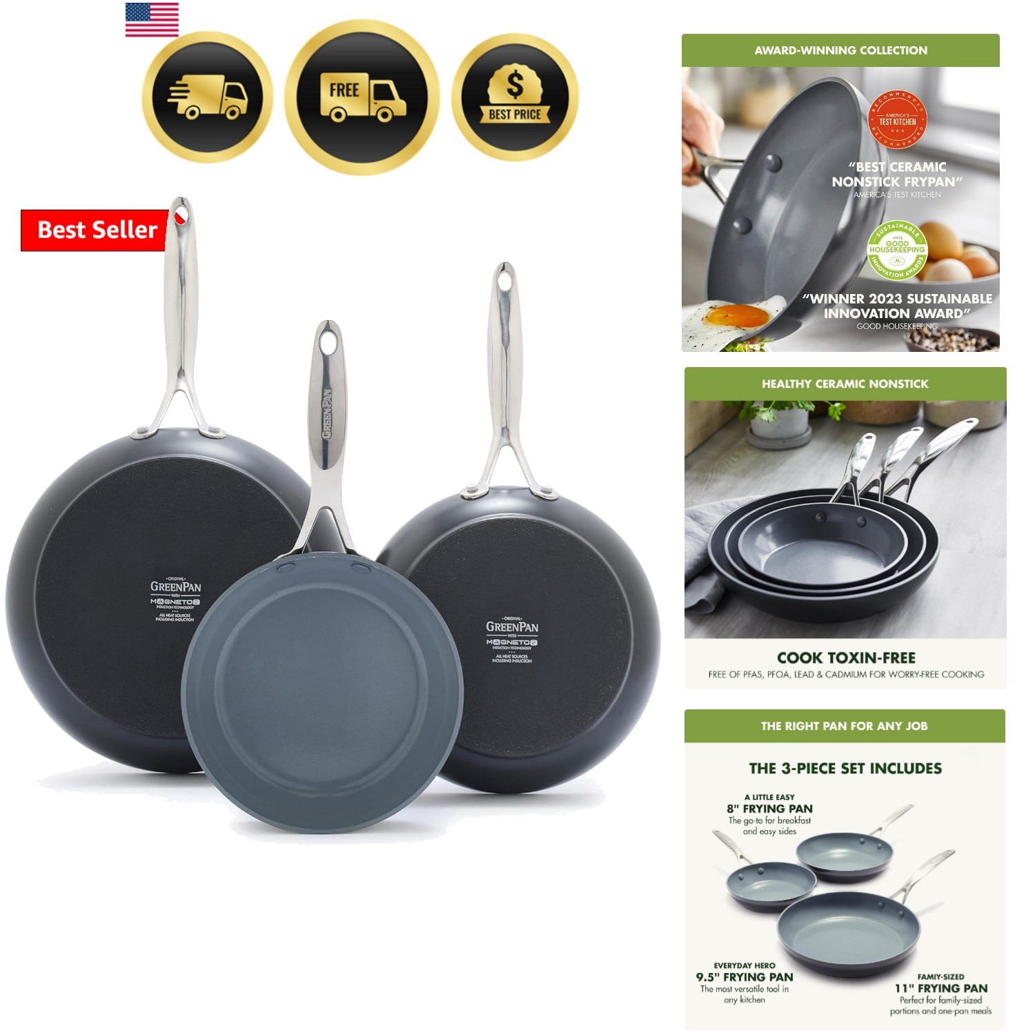 Valencia Pro Ceramic Nonstick 8″ 9.5″ & 11″ Fry Pan Skillet Set, Hard Anodize…