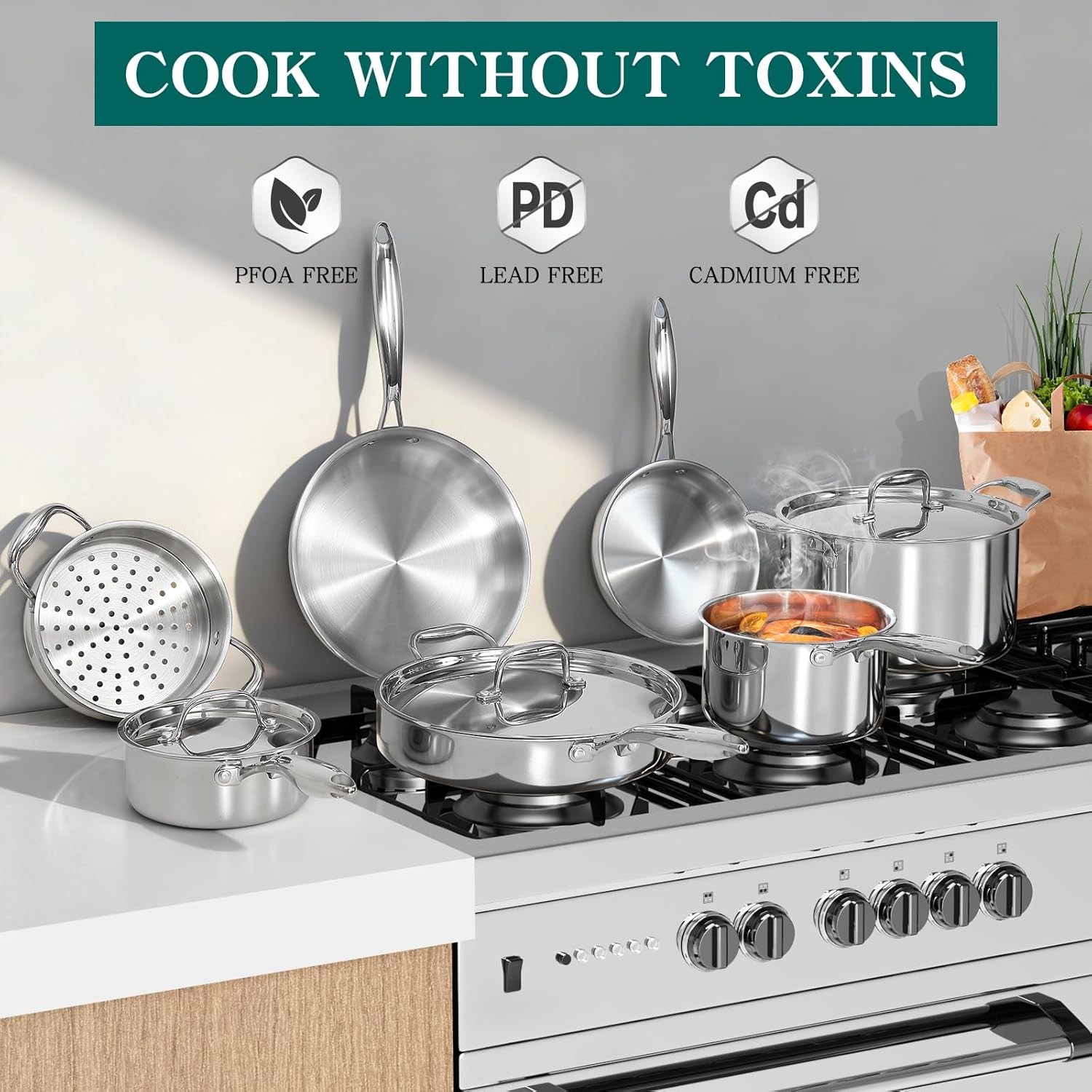 EWFEN 11PC 3-Ply Stainless Steel Cookware Set Induction Oven Safe PFOA Free