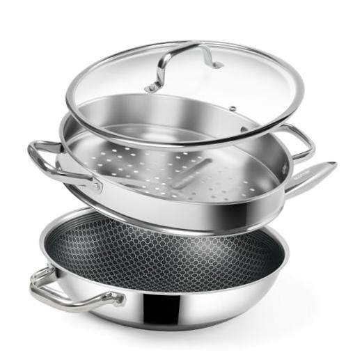 Hybrid 12-Inch Wok with Steamer,Nonstick Stainless Steel 12 Inch with Steamer