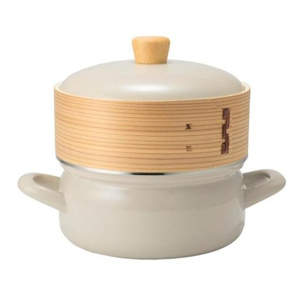 FUJIHORO Enamel Pot with Steamer Insert 7.8in & 7.0in White Greige JAPAN NEW