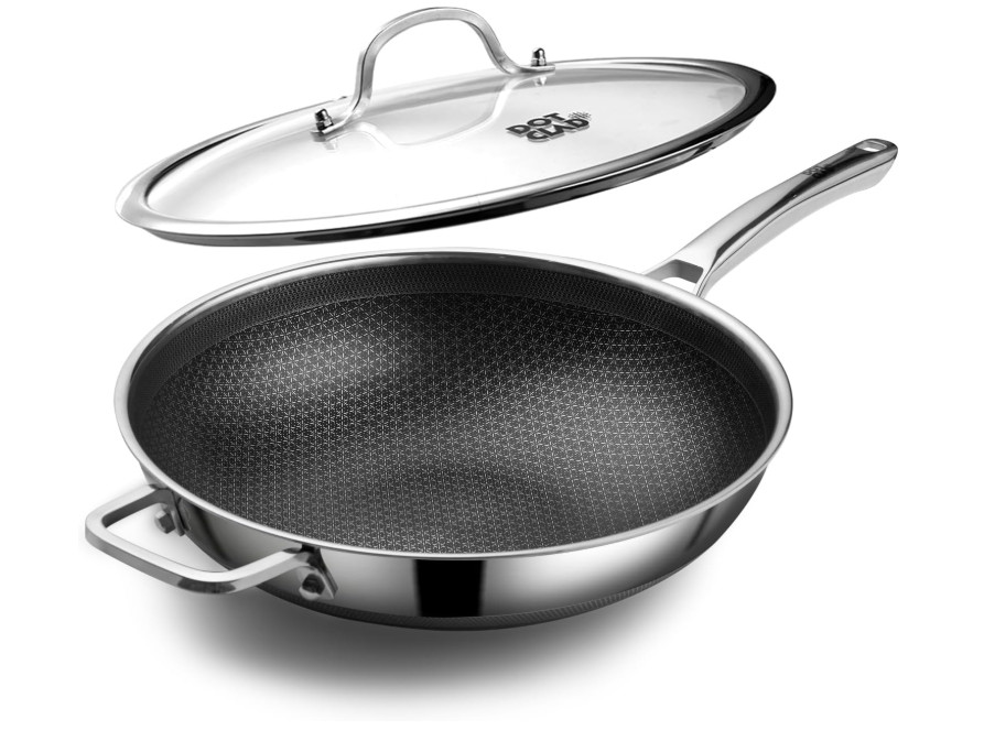 12″ Hybrid Stainless Steel Nonstick Wok Pan w/Lid Induction Stir Fry HexClad