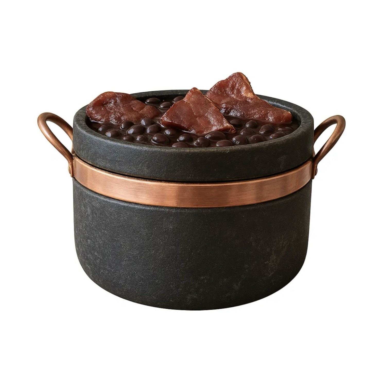 Round Black Stone Pot w/ Lid, Copper Band, Double Handles, 3 qt