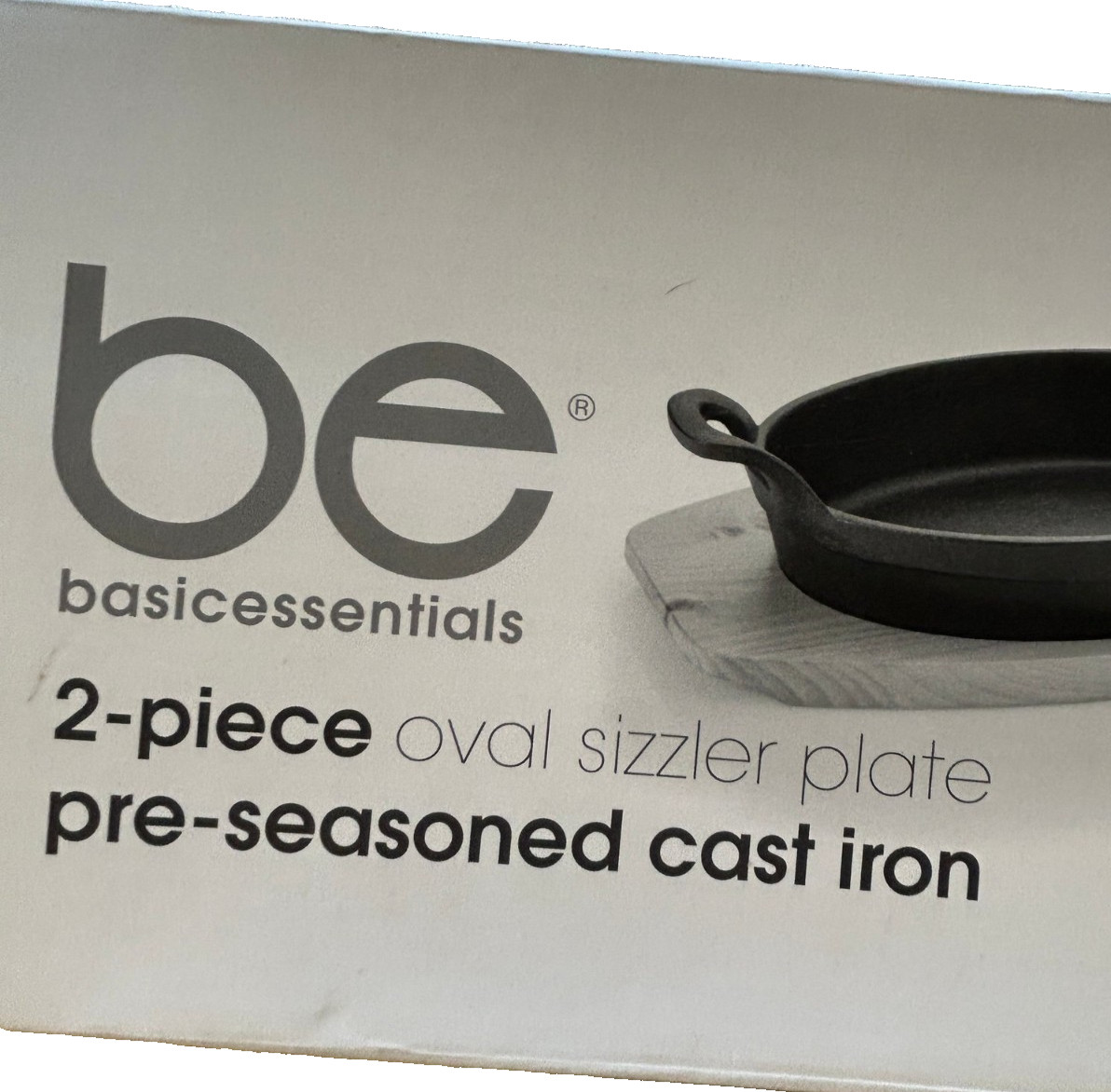 Basic Essentials 2 Piece Pre Seasoned Cast Iron Oval Sizzler Set W/ A Wood Tray