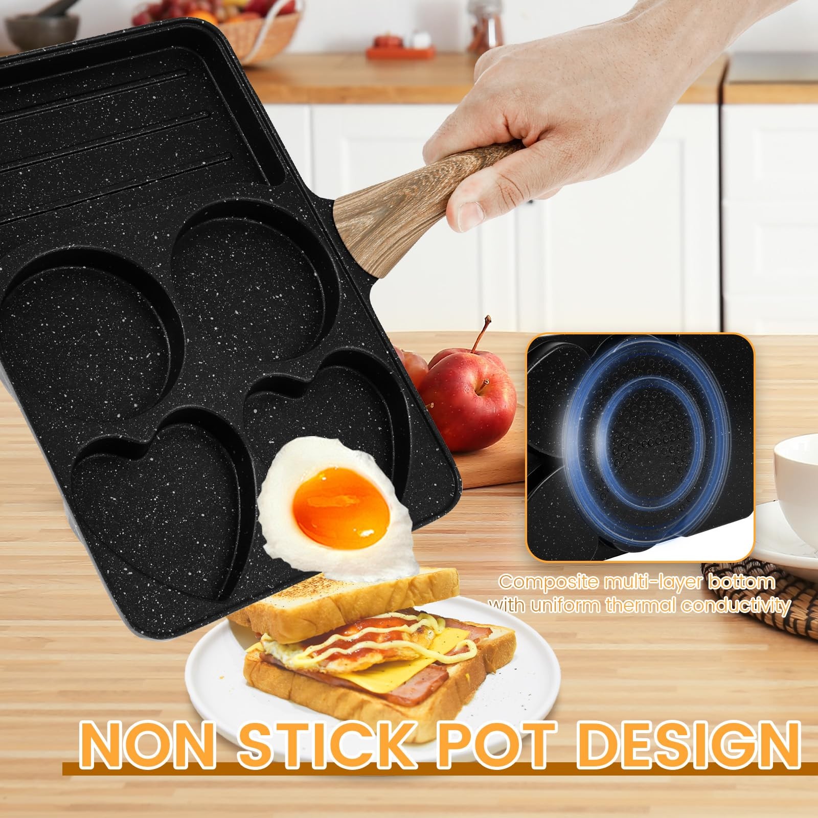 5 In 1 Divided Nonstick Grill Pan Omelette Egg Frying Skillet Induction Black