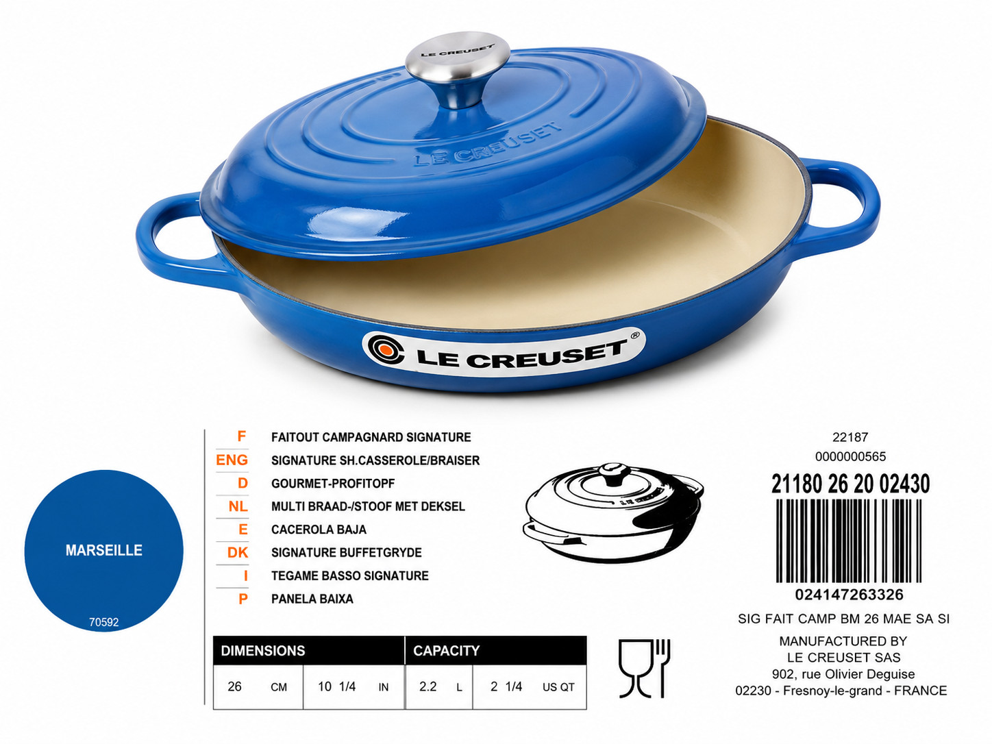 Le Creuset Signature Shallow Casserole Braiser 2.25 Qt — Marseille (Blue)