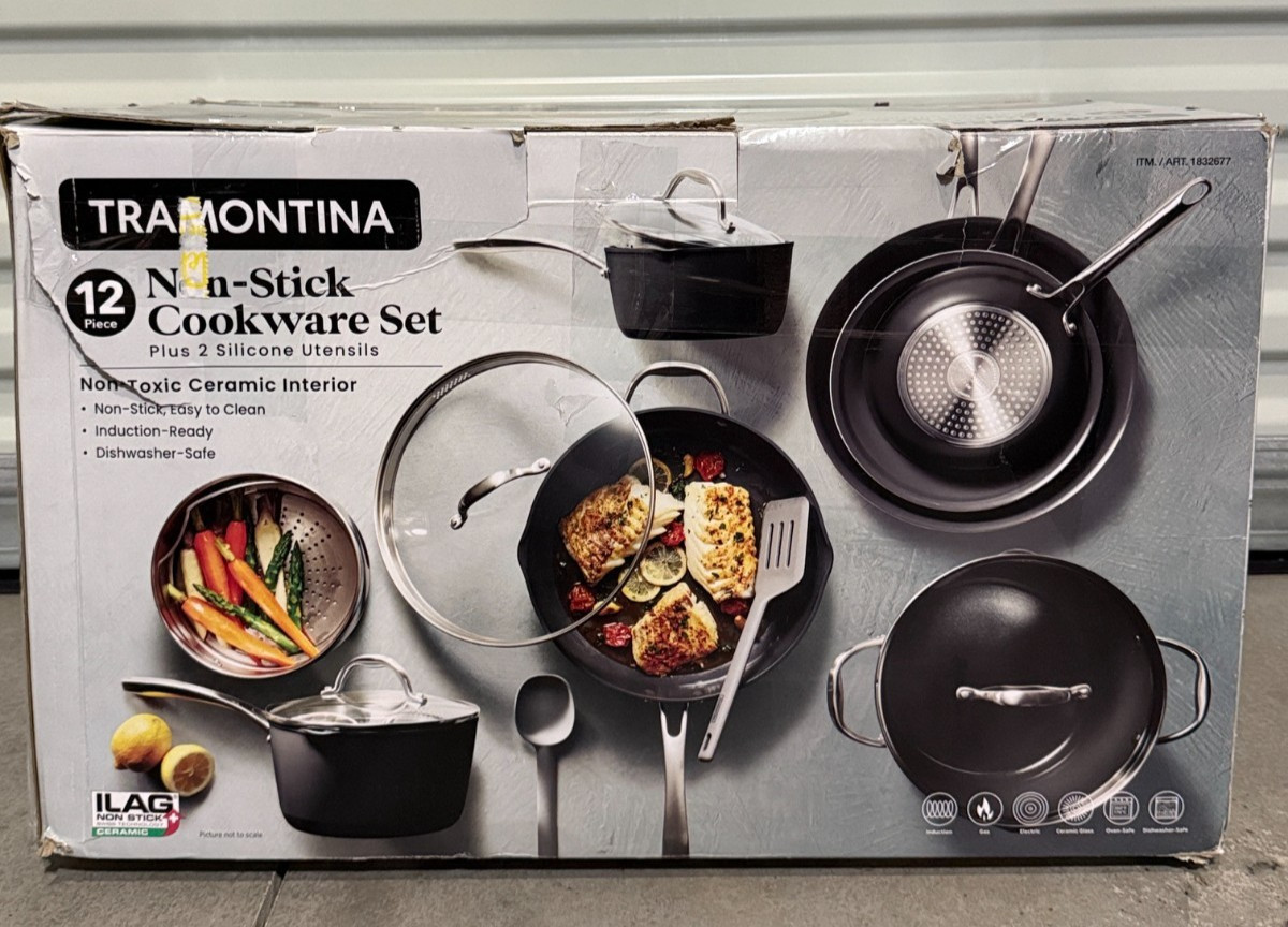 Tramontina 12 Piece Ceramic Non-Stick Pots Pans Cookware Set 2 Utensils Display