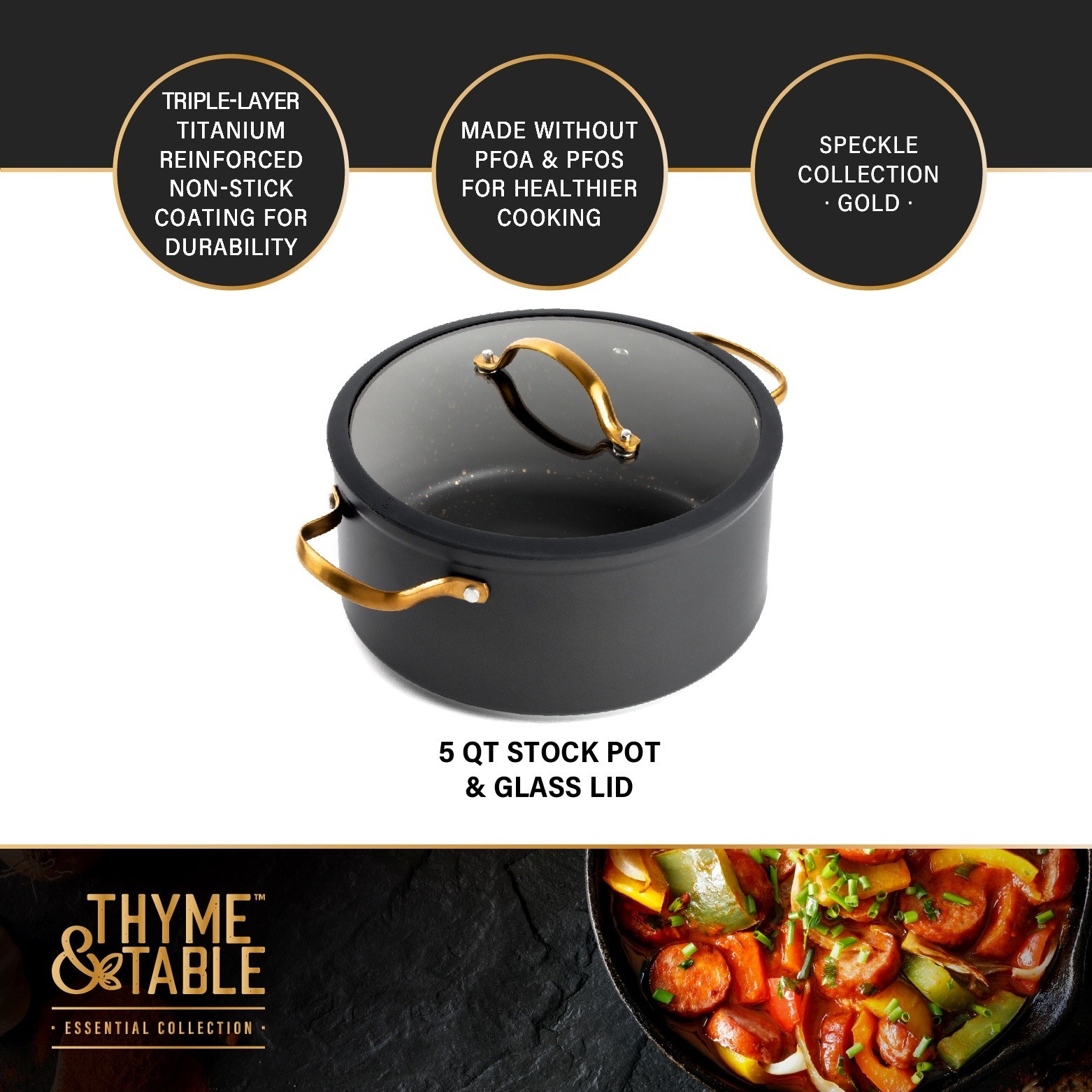 Thyme & Table 5 Qt Non-Stick Stock Pot with Glass Lid in Black & Gold, Signature