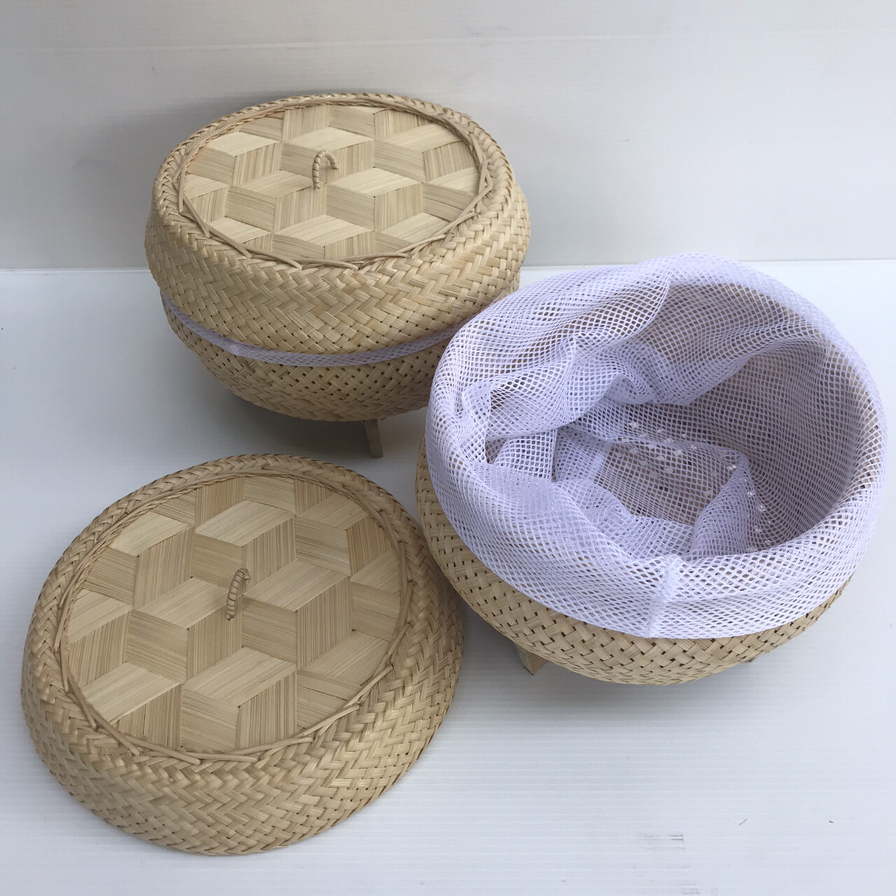 Vintage Thai Handicraft Cooker Bamboo Basket&Lid Steamer Sticky Rice Dim Sum X 2