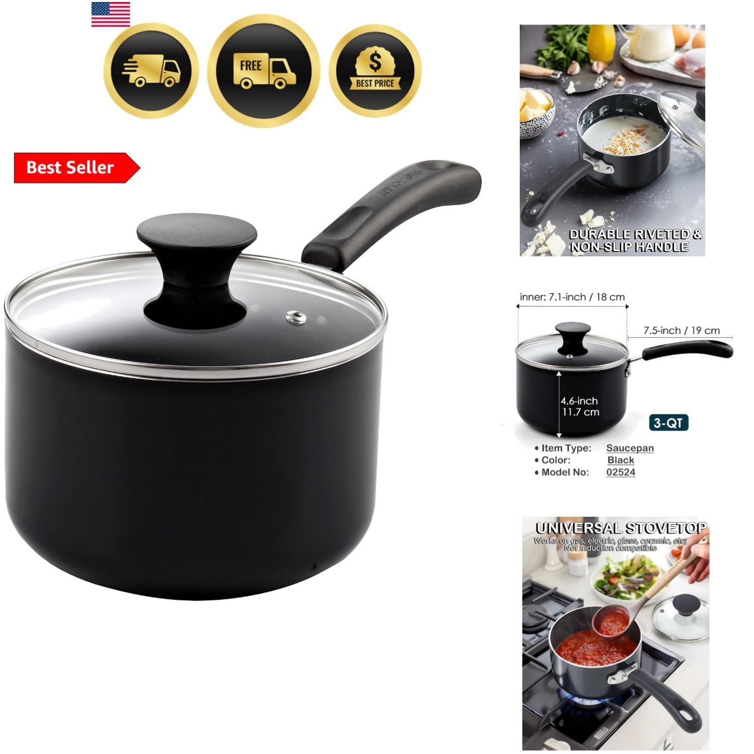 Basic 3 Quart Nonstick Saucepan with Glass Lid, Non Stick Aluminum Sauce Pan,…