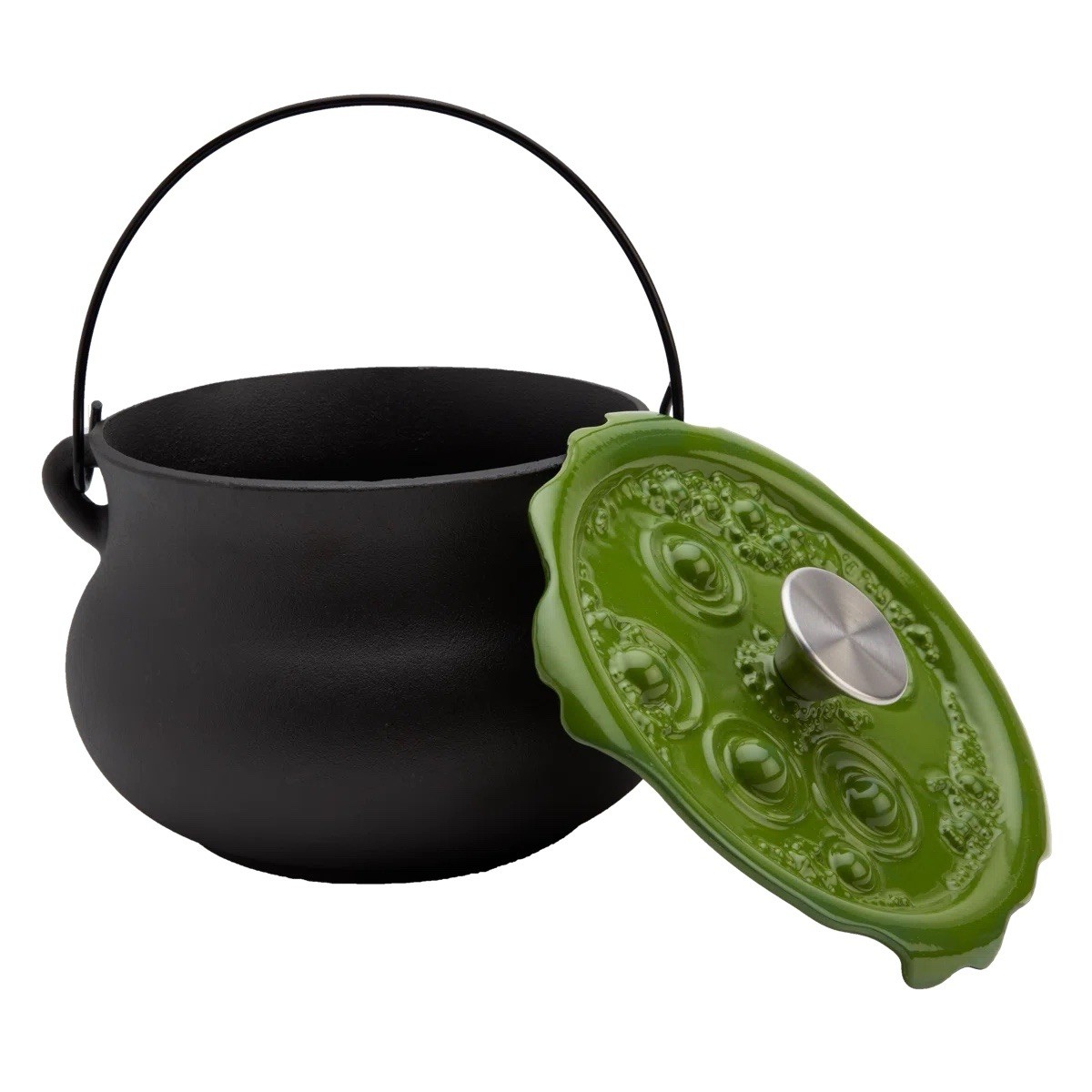 New SMITH & CLARK 4QT Pre-Seasoned Cast Iron Cauldron Pot Green Lid Halloween