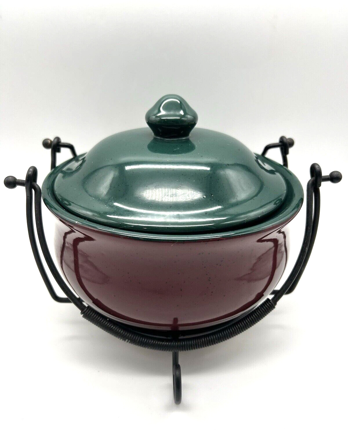 2 Qt Ceramic Dutch Oven Bean Pot w Metal Handled Stand – Burgundy Green 8.5″ Dia