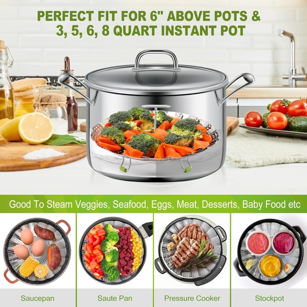 3 Tier Stainless Steel Steamer Basket Expandable Folding Vegetable Insert for