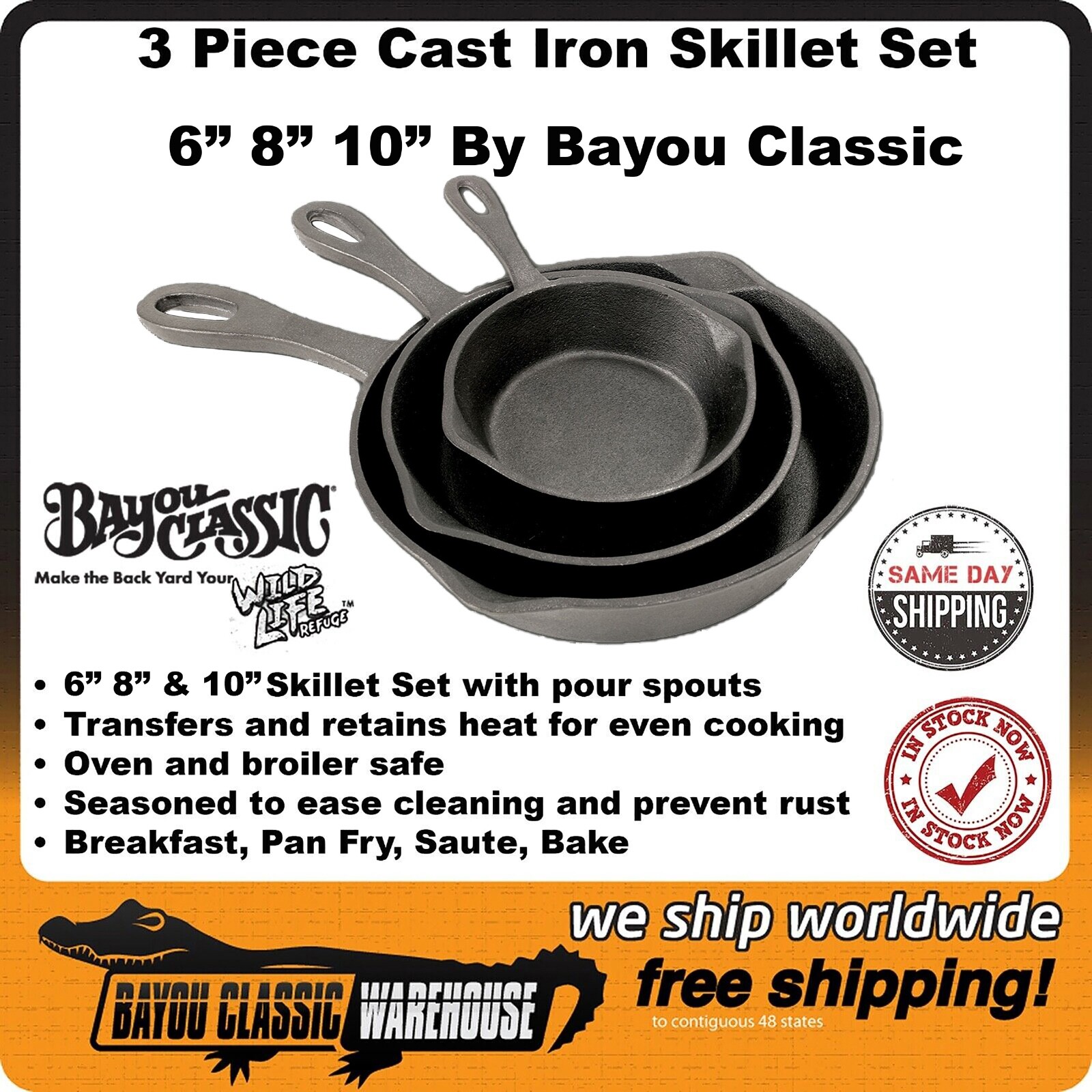 3 Piece Cast Iron Skillet Set 6″ 8″ 10″ With Pour Spouts by Bayou Classic 7403